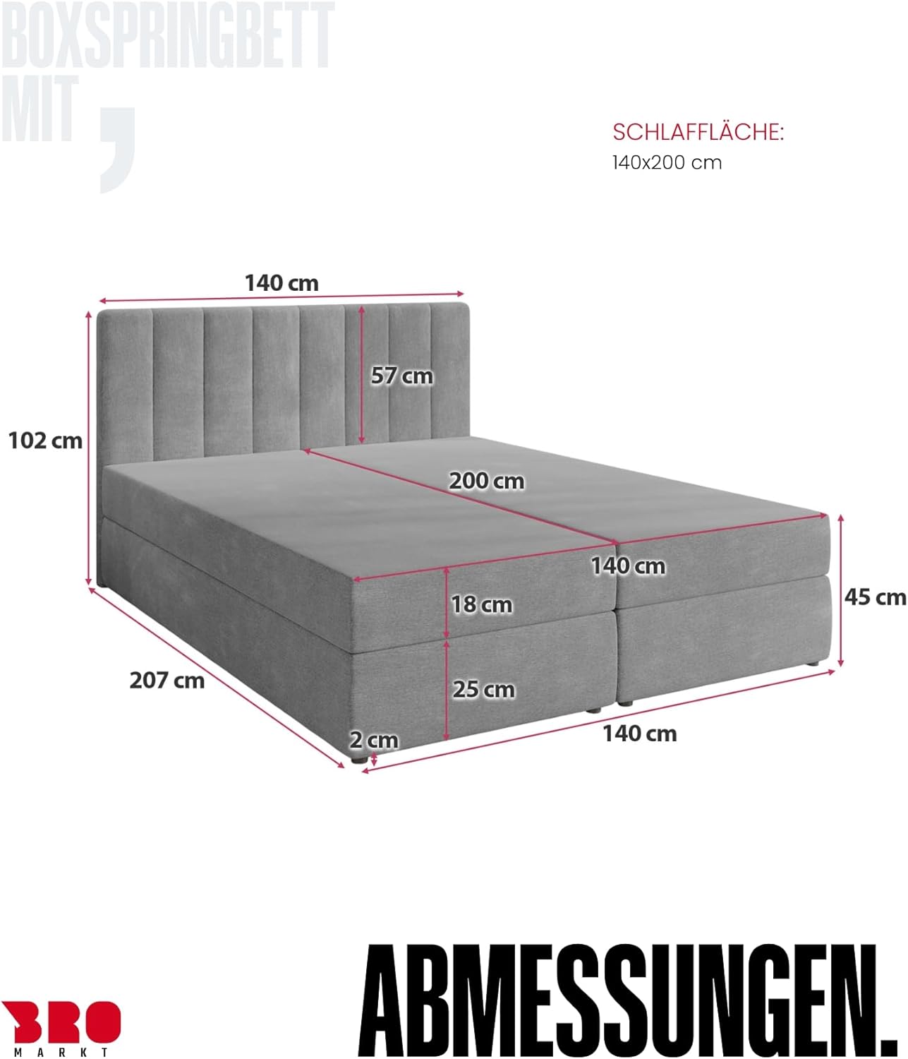 BROMARKT Boxspringbett mit Bonell Matratze Härtegrad H3 140x200cm Polsterbett mit Bettkasten Doppelbett mit Topper gepolsterte Kopfstütze Bett für Schlafzimmer Denver Hellgrau
