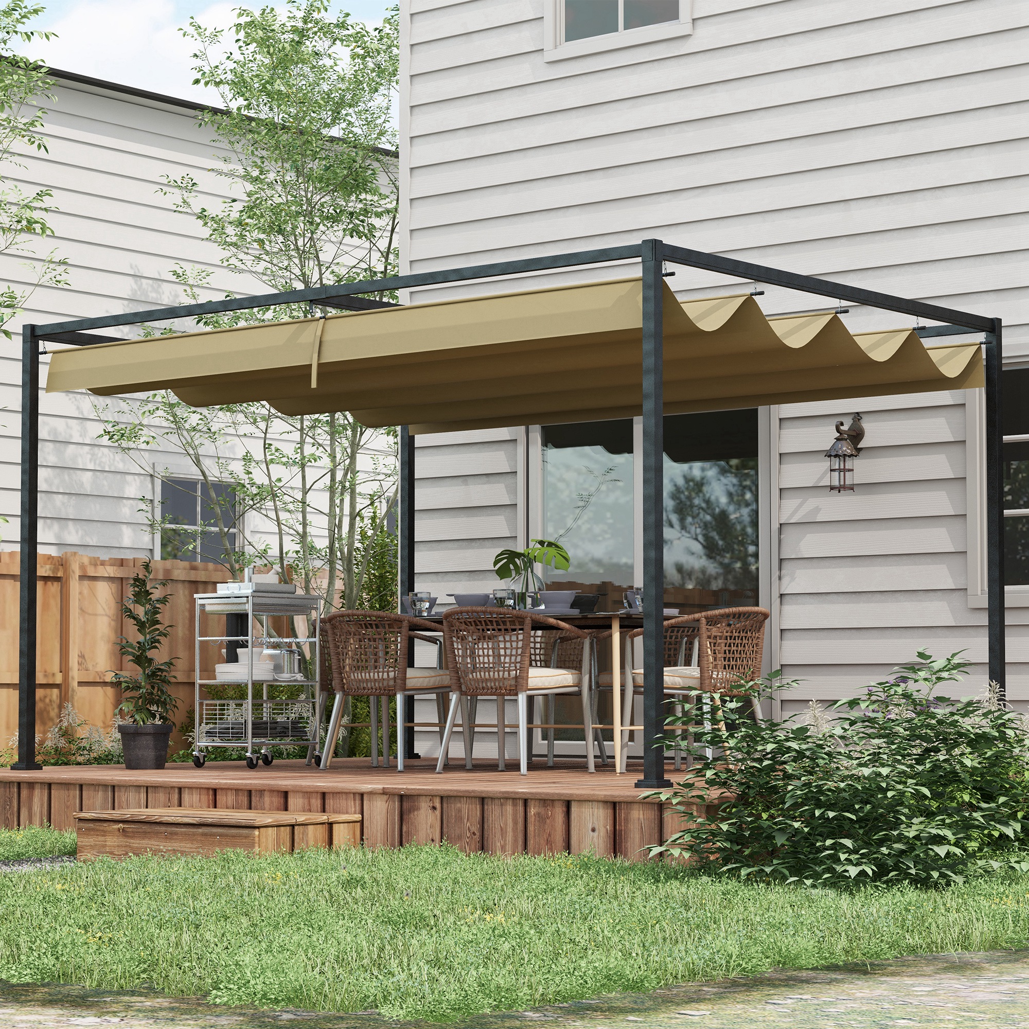 Pergola, robuuste zonwering voor tuin, balkon, terras, van metaal en kunststof, UV- en waterafstotend, Khaki