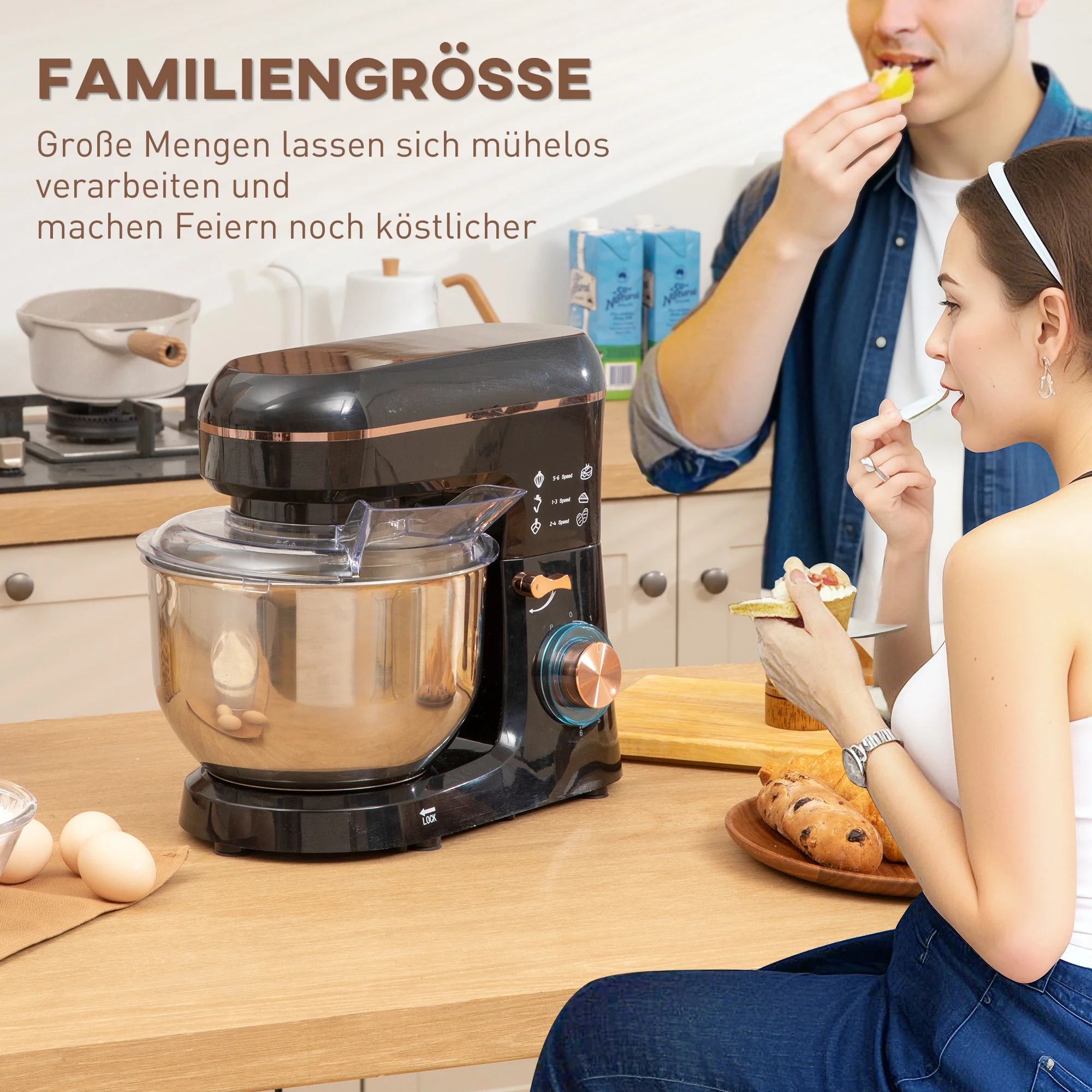 HOMCOM Staande Mixer, Keukenmachine, Mixer, 6 Standen, 5,5L Roestvrijstalen Kom, Zwart
