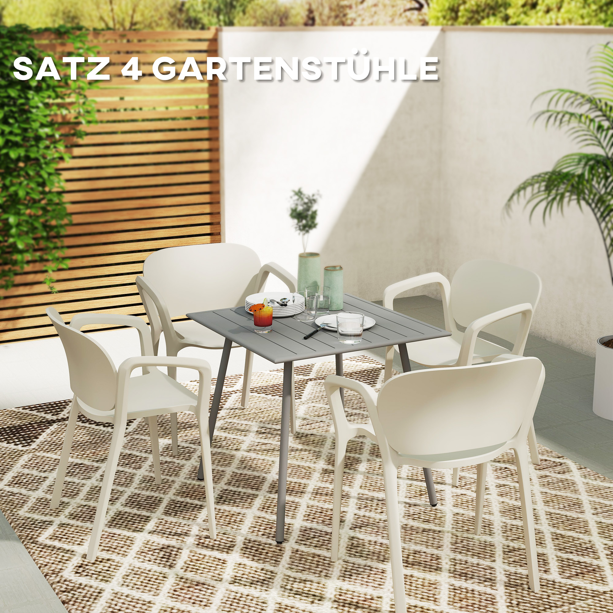 Outsunny Set van 4 Weerbestendige Tuinstoelen uit Kunststof, Stapelstoel met Arm- en Rugleuning tot 120 kg Belastbaar