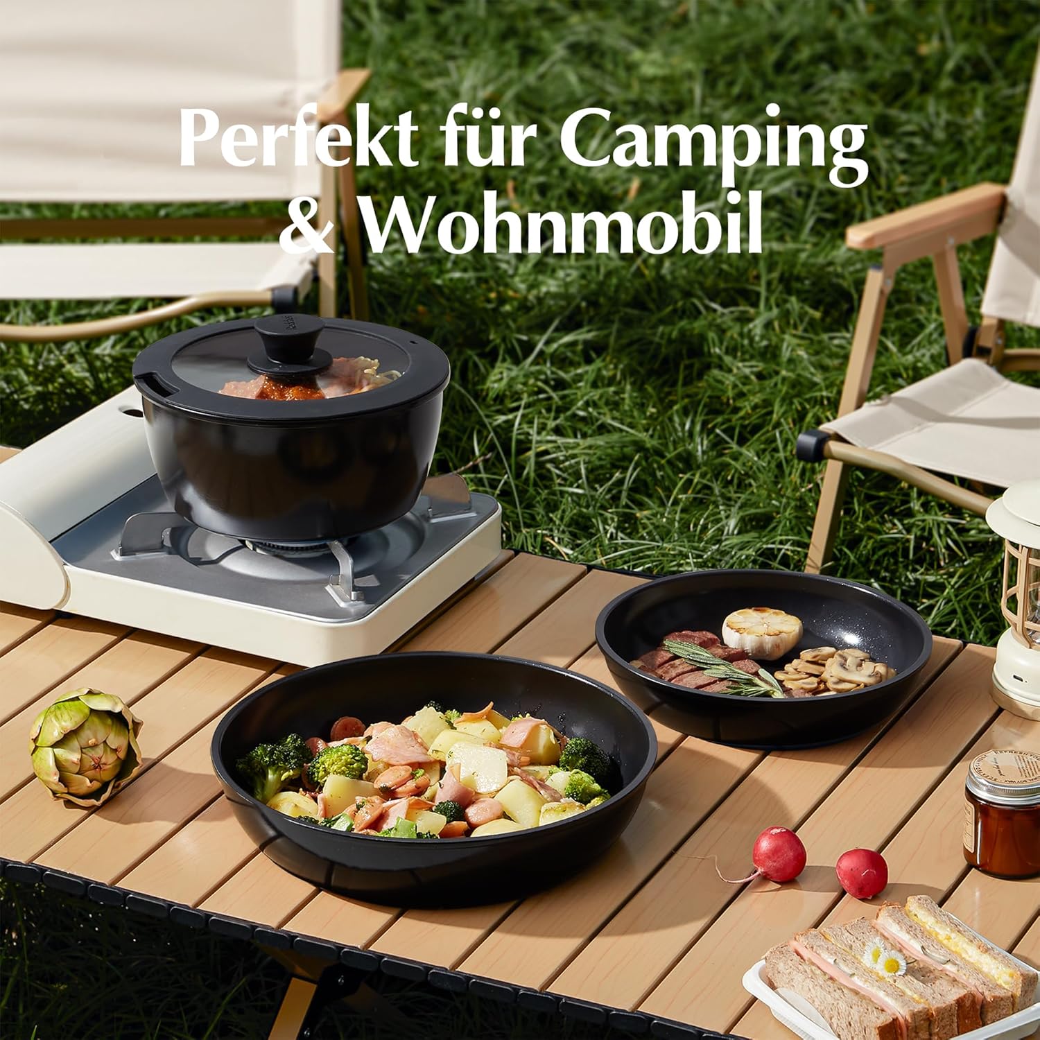 Redchef Topfsets Pfannenset 16-Teilig Antihaft-Keramik-Kochgeschirr-Set mit Abnehmbaren Griffen, Pfanne 20/26cm, Tiefe Bratpfanne 26cm, Topf 18/20cm, Stapelbar Topfset Für alle Herdarten, Ofenfest