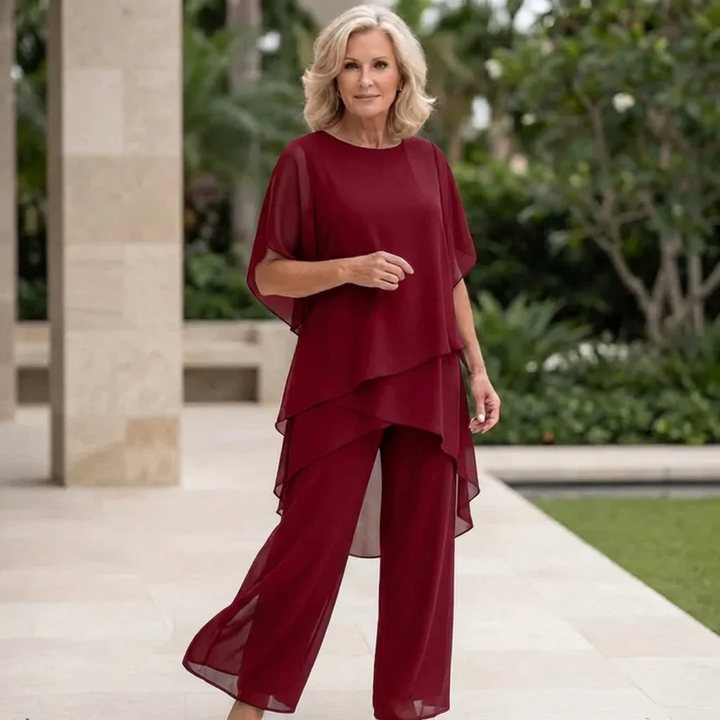Zweiteiliges Chiffon-Set �C Asymmetrisches Lagen-Oberteil & Hose f��r Damen