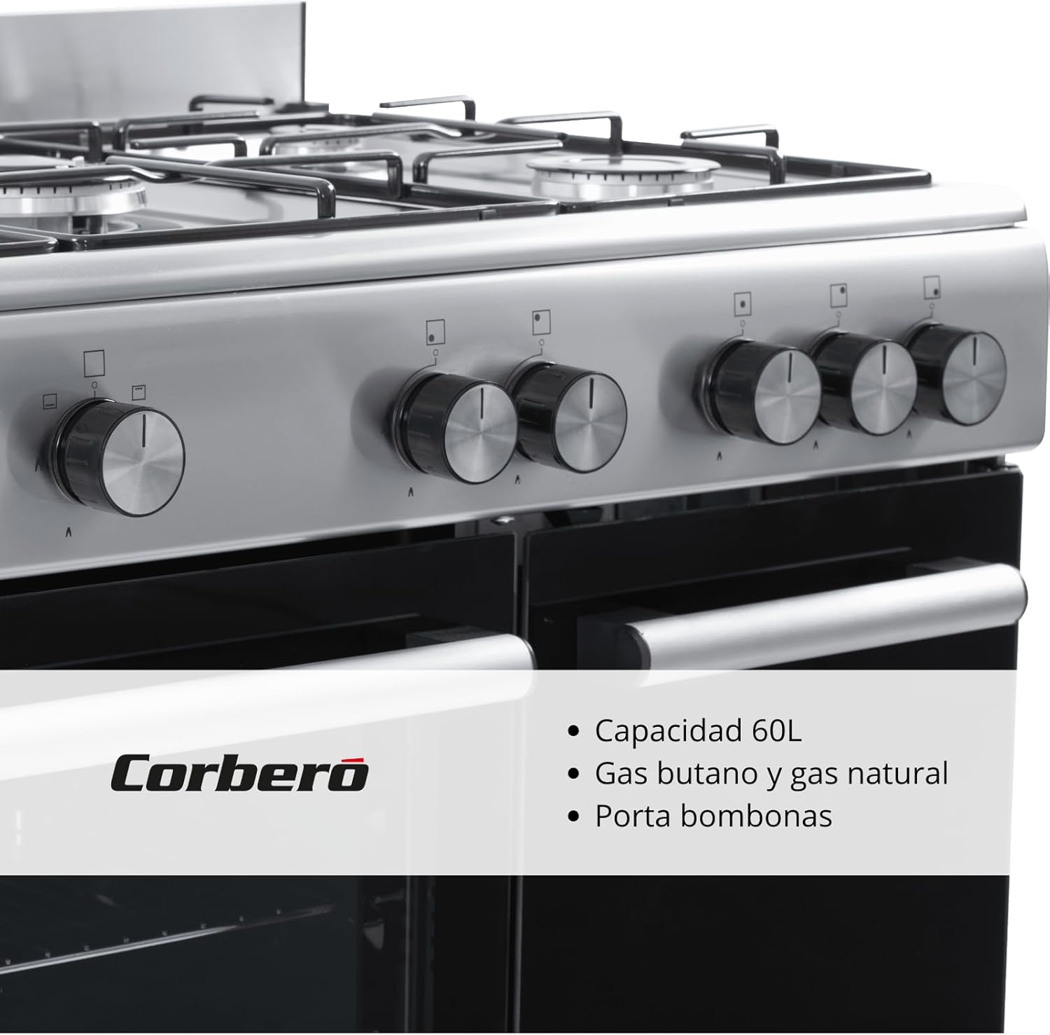 Corbero - Cocina de gas butano 5 fuegos | CC510GB90X | 80x90x60 | Horno de 60L con puerta doble | Wok en medio| Encendido Manual | Cajón calientaplatos| Bandeja y parrilla cromados |Con tapa| Inox