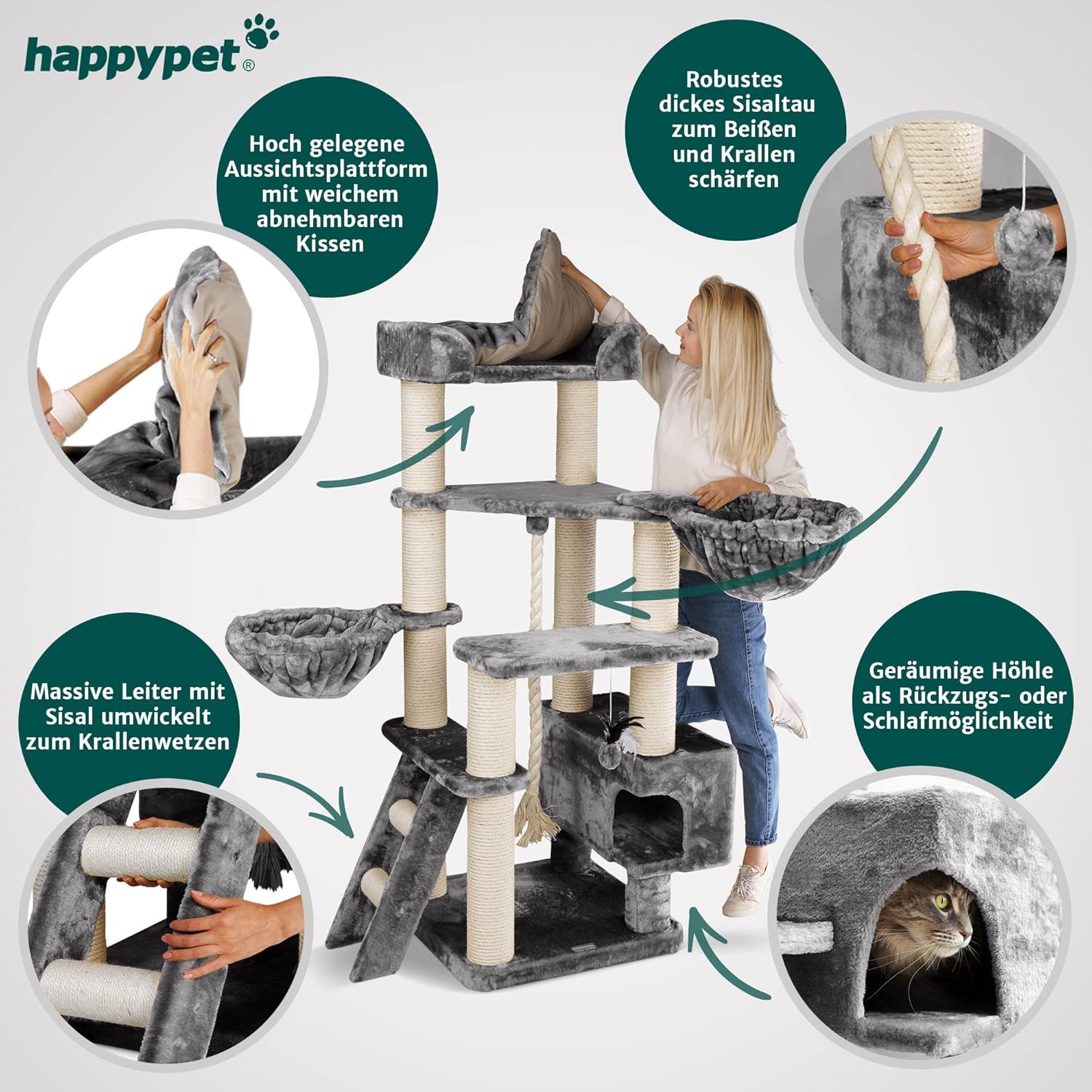 HAPPYPET Kratzbaum große Katzen XXL Jacob - Katzenbaum Deckenhoch, Stabil und Massiv mit Sisalsäulen und Dicker Bodenplatte, Ideal für Schwere Rassen