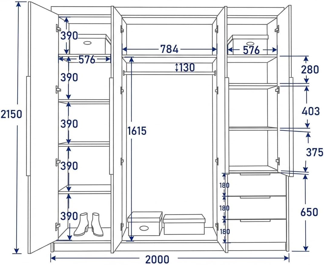 A und J MöbelLand VIVO Kleiderschrank 4-türig mit Spiegel und Schubladen - 200 x 215 cm - Drehtürenschrank mit Kleiderstange und Einlegeböden