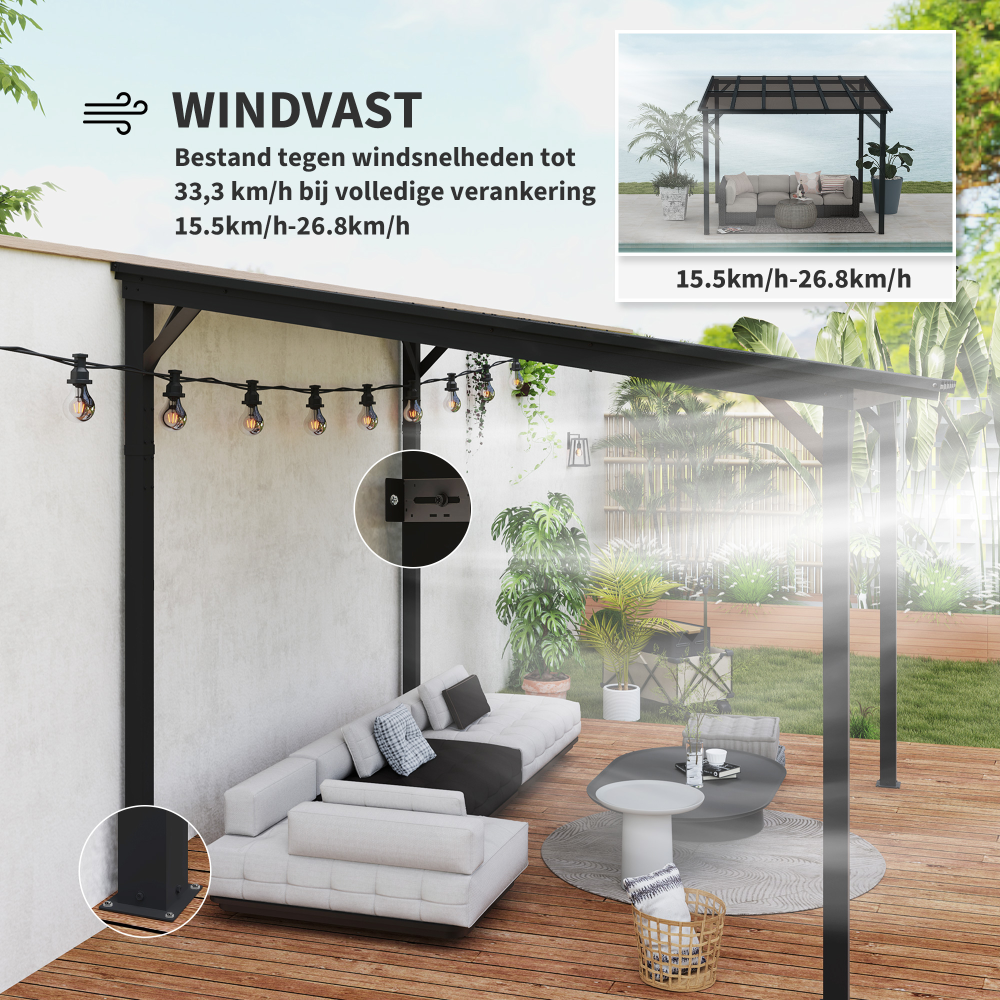 Outsunny 3 x 3 m Metalen Pergola, Tuinpergola met Waterdicht Dak, Vrijstaand, Windbestendig, UV-bestendig, Donkergrijs