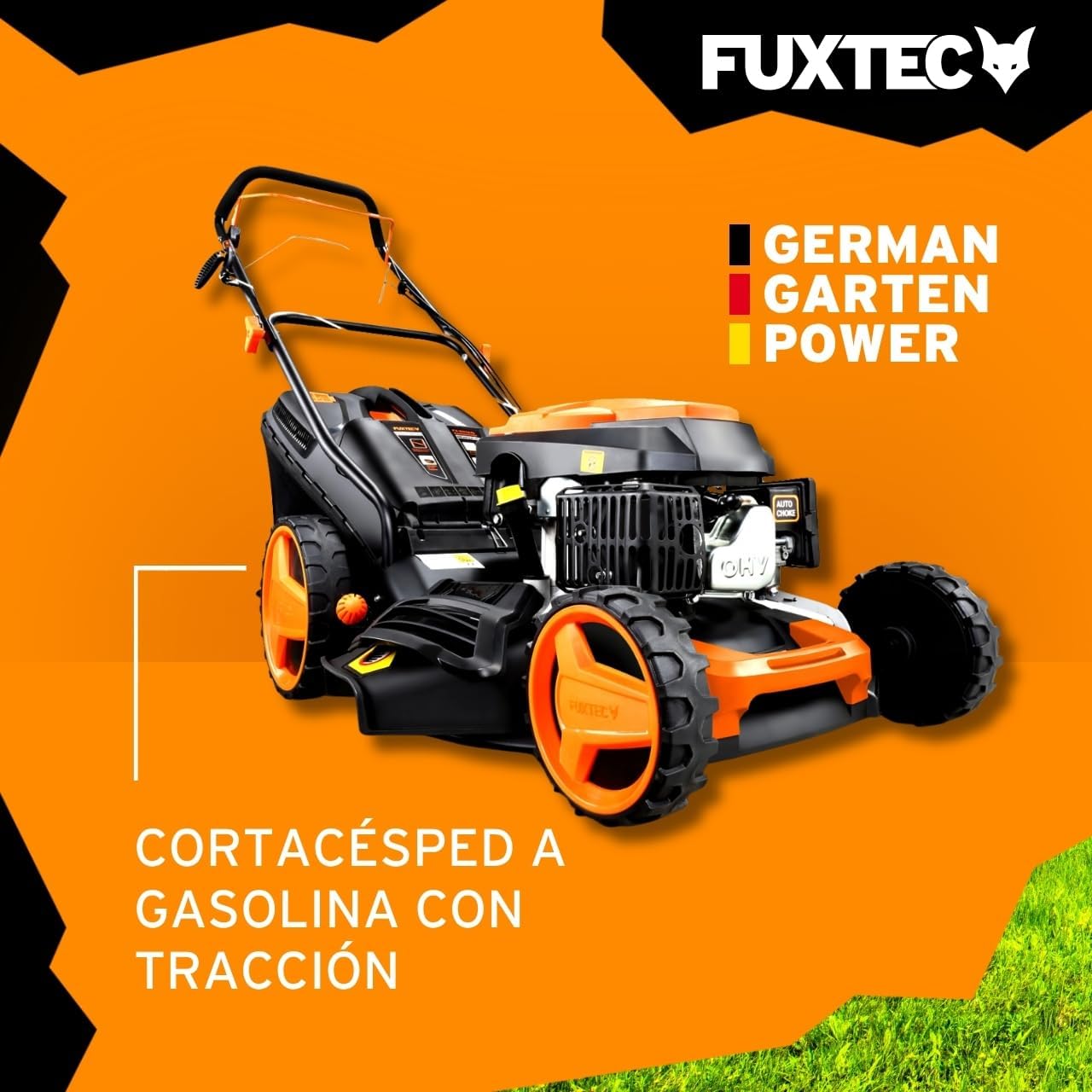 Cortacésped de tracción de Gasolina autopropulsado FUXTEC FX-RM4646 46cm de Ancho de Corte, Potente Motor de Gasolina con transmisión GT 146cc Easy Clean 4en1 2,6KW Mulching/Bolsa de césped 50L