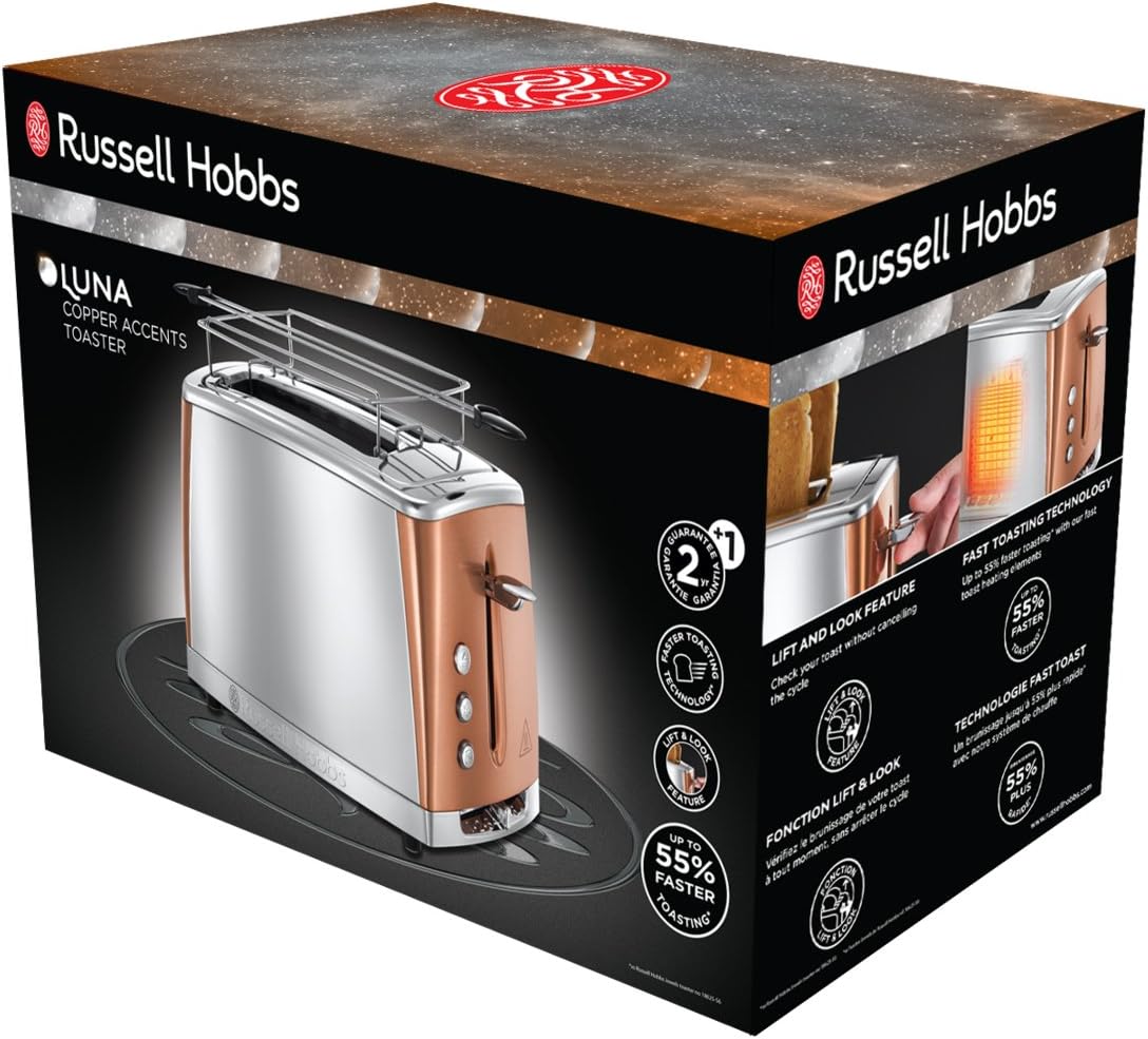 Russell Hobbs Toaster [für 2 Scheiben] Luna Edelstahl Kupfer (extra breite Toastschlitze, inkl. Brtchenaufsatz, 6 Brunungsstufen + Auftau- & Aufwrmfunktion, 1550W) 24290-56