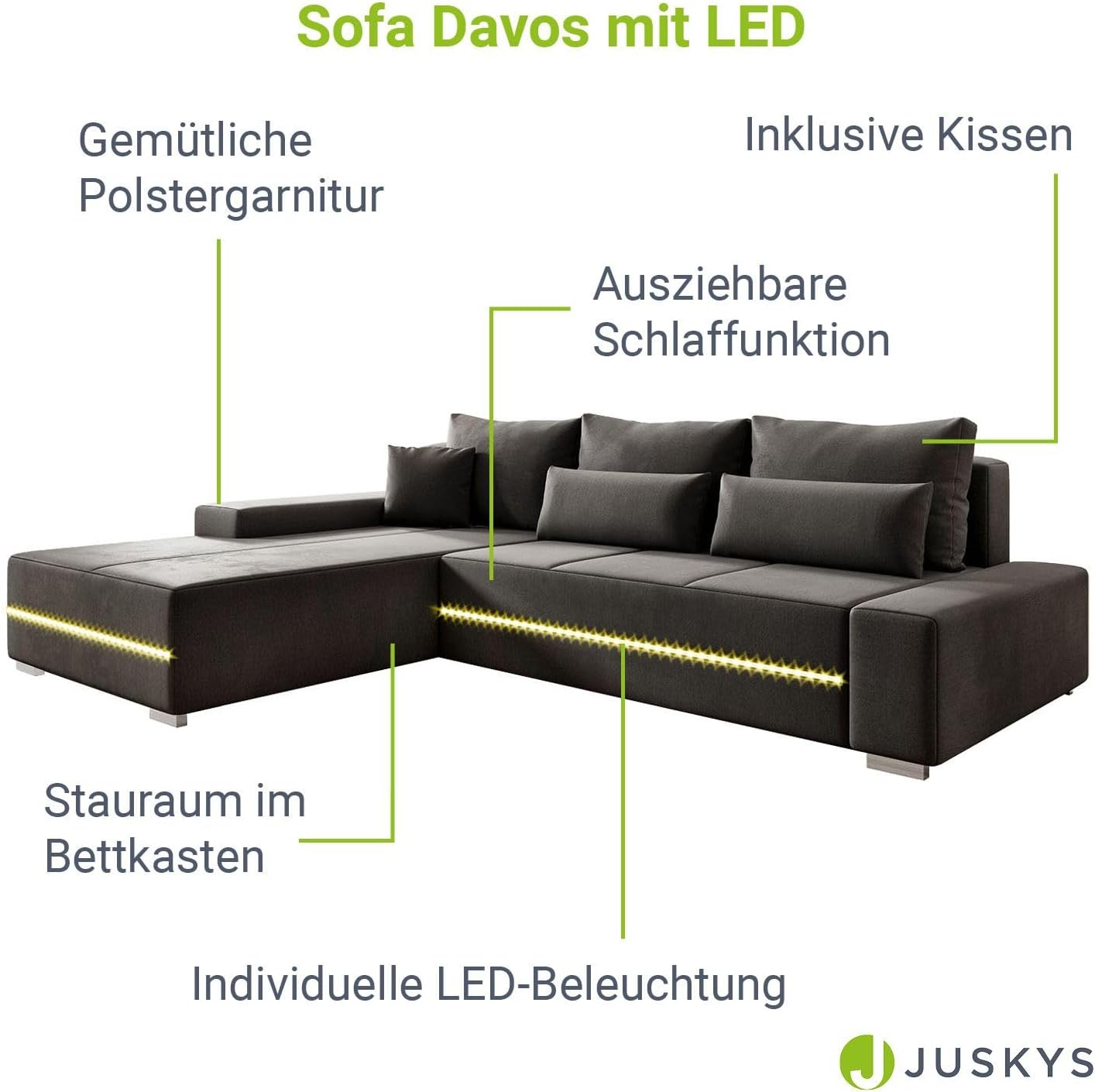 Juskys Sofa Davos Links mit Schlaffunktion - Ecksofa für Wohnzimmer mit Bettkasten & LED - Stoff Schlafsofa L Form Couch Beleuchtung - Dunkelgrau