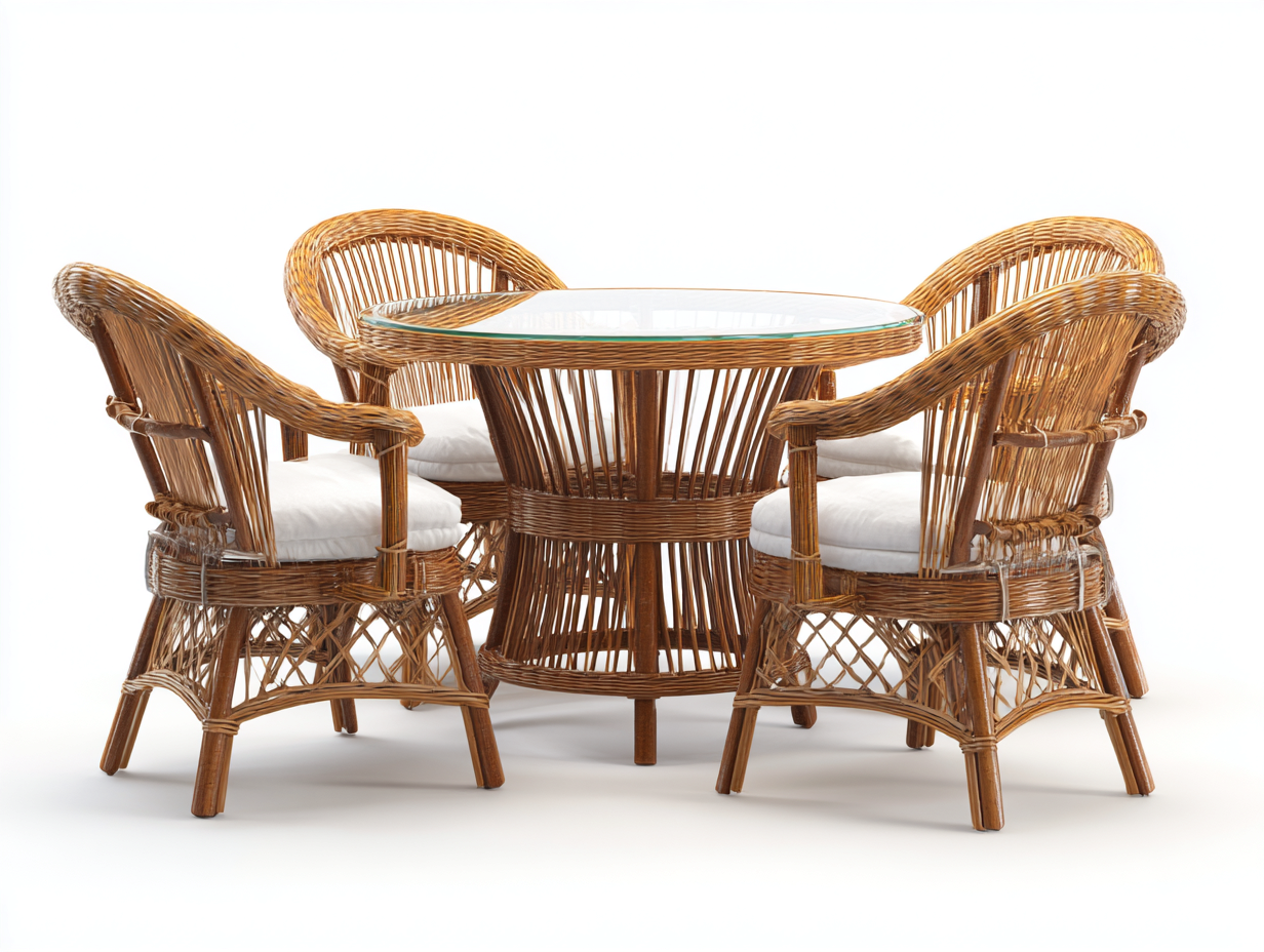 Garten-Essgruppe-Rattan-175x175x85 cm-Naturfarben-Outdoor-Gartenmöbel-Runder-Glastisch-Klassisches-Design
