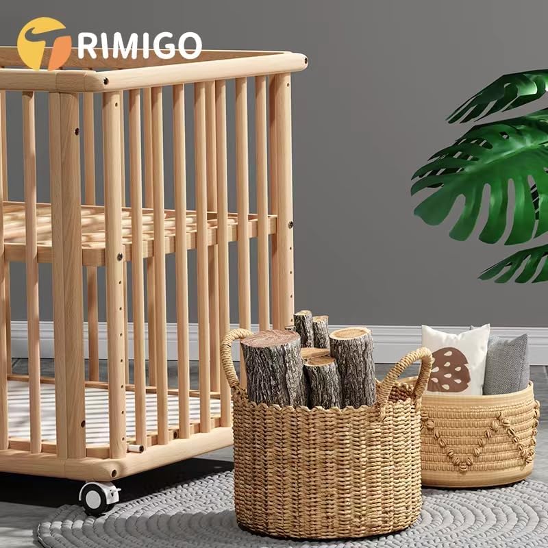 Trimigo 6-in-1 Babybett 118x70 cm mit Matratze und unbehandelt Buchenholz, wandelbar zu Sofa, Schreibtisch, höhenverstellbares, mit Rollen und Bremsen, mit Stauraum
