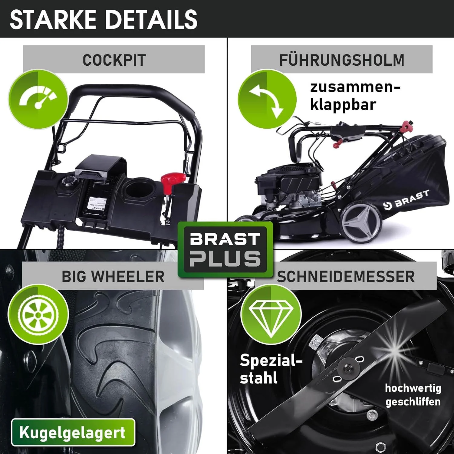 BRAST Benzine grasmaaier met aandrijving | 3,0 kW (4,1 pk) | Elektrische start | 41 cm maaibreedte | vele modellen | T��V | 4-takt OHV-motor | 25-75 mm maaihoogte | 40 L opvangbak | Stalen behuizing | 16145 Estart