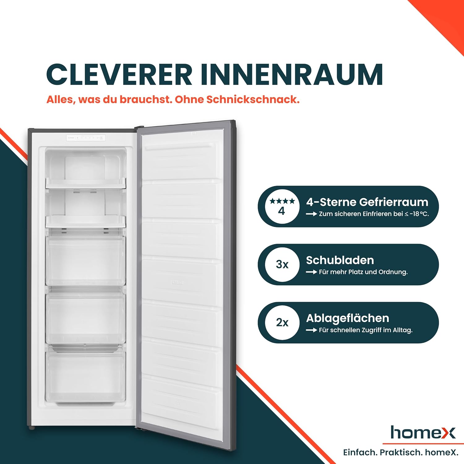 homeX Gefrierschrank NoFrost, Tiefkühlschrank groß - 161L Nutzinhalt, 4-Sterne Gefrieren, Freezer No Frost, Gefrierschränke freistehend, Super-Frost-Funktion, leise 39 dB, silber, FSN1611E-S