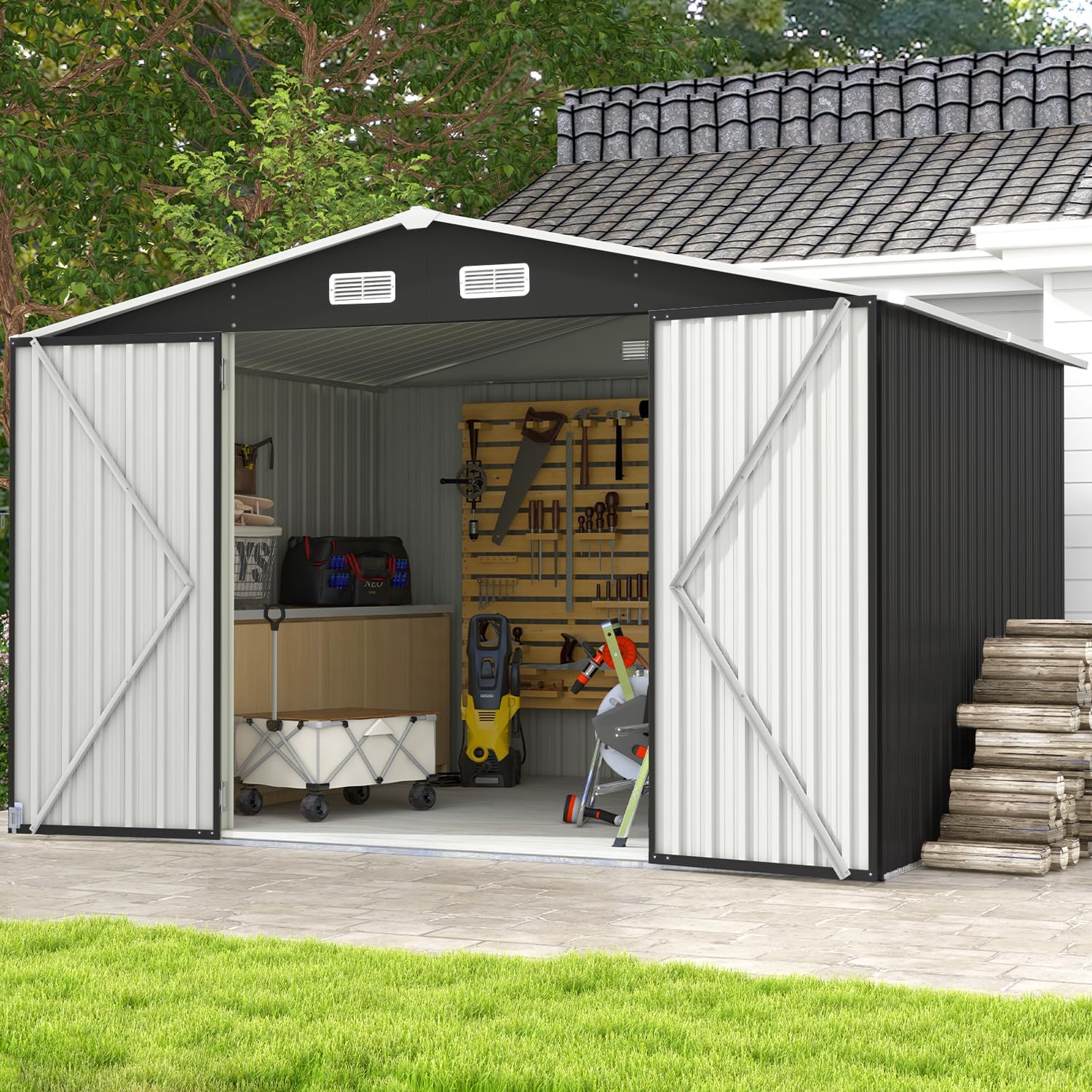 Aoxun 10 x 12FT Outdoor Storage Shed with Double Hinged Large Door Utility Garden Shed