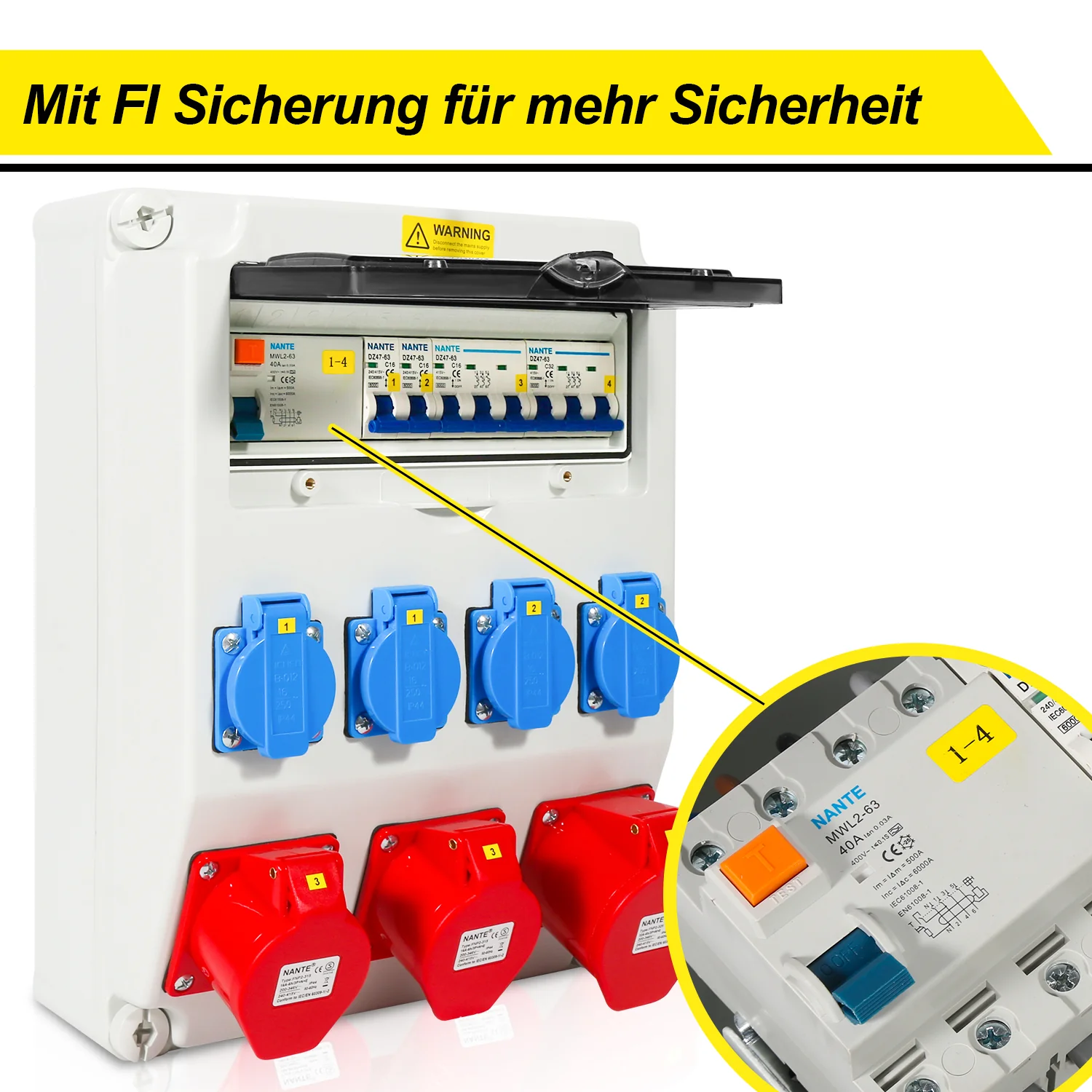 Sonnewelt Wandverteiler FI 4xSchuko-Steckdose und CEE-Steckdose 16/32A
