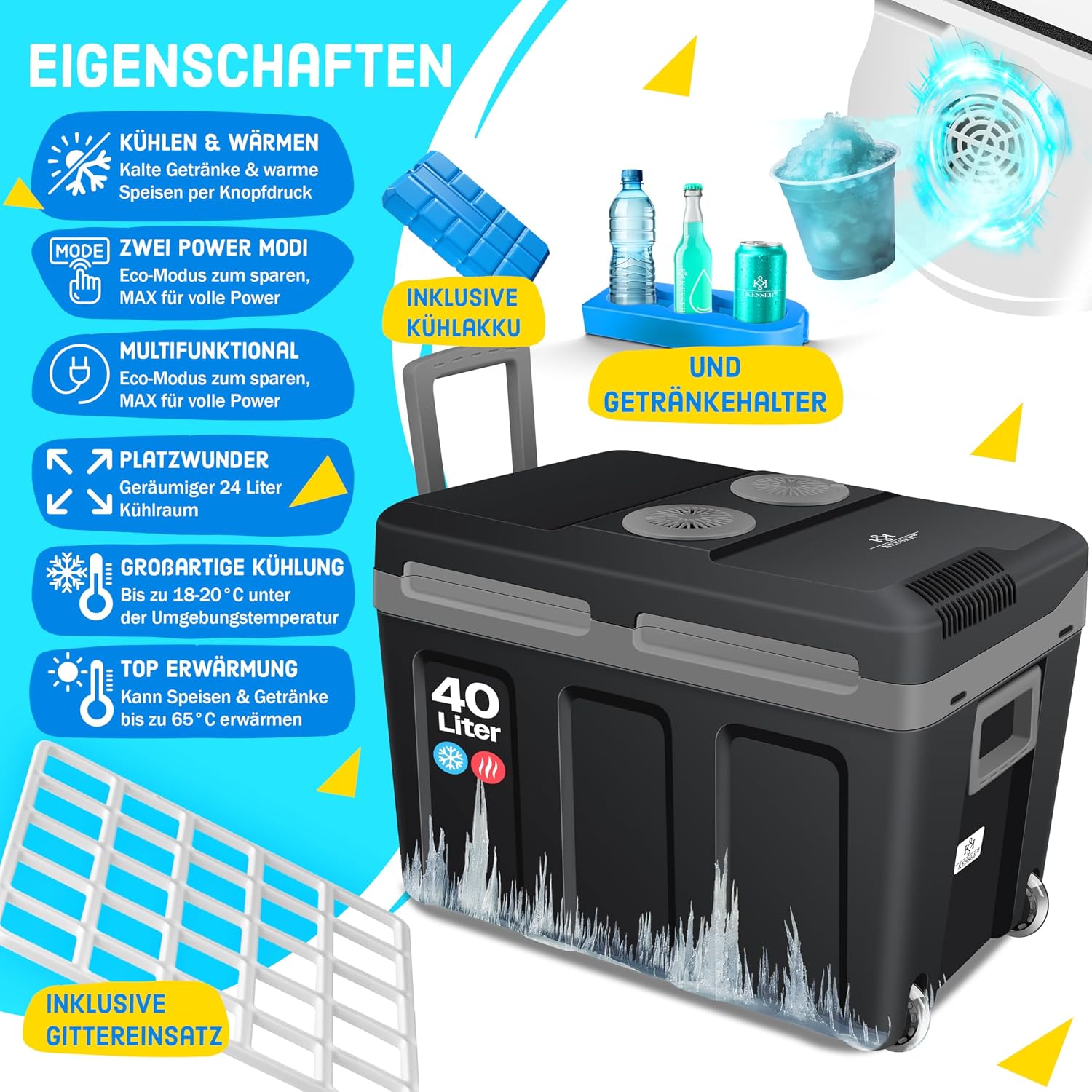 KESSER® Nevera eléctrica portátil 40L con Ruedas | Calienta y enfría | Termoeléctrica | Mini Nevera | 12V y 230V | para Coche, Camping y Enchufe | Modo Eco | Incluye acumuladores de frío
