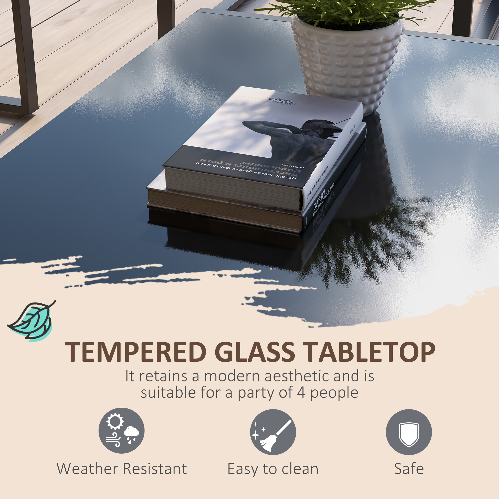 Tuinmeubelset met Glazen Tafel, 2 Stoelen, 1 Bank, Weerbestendig, 114 cm x 70 cm x 67 cm, Grijs+Beige