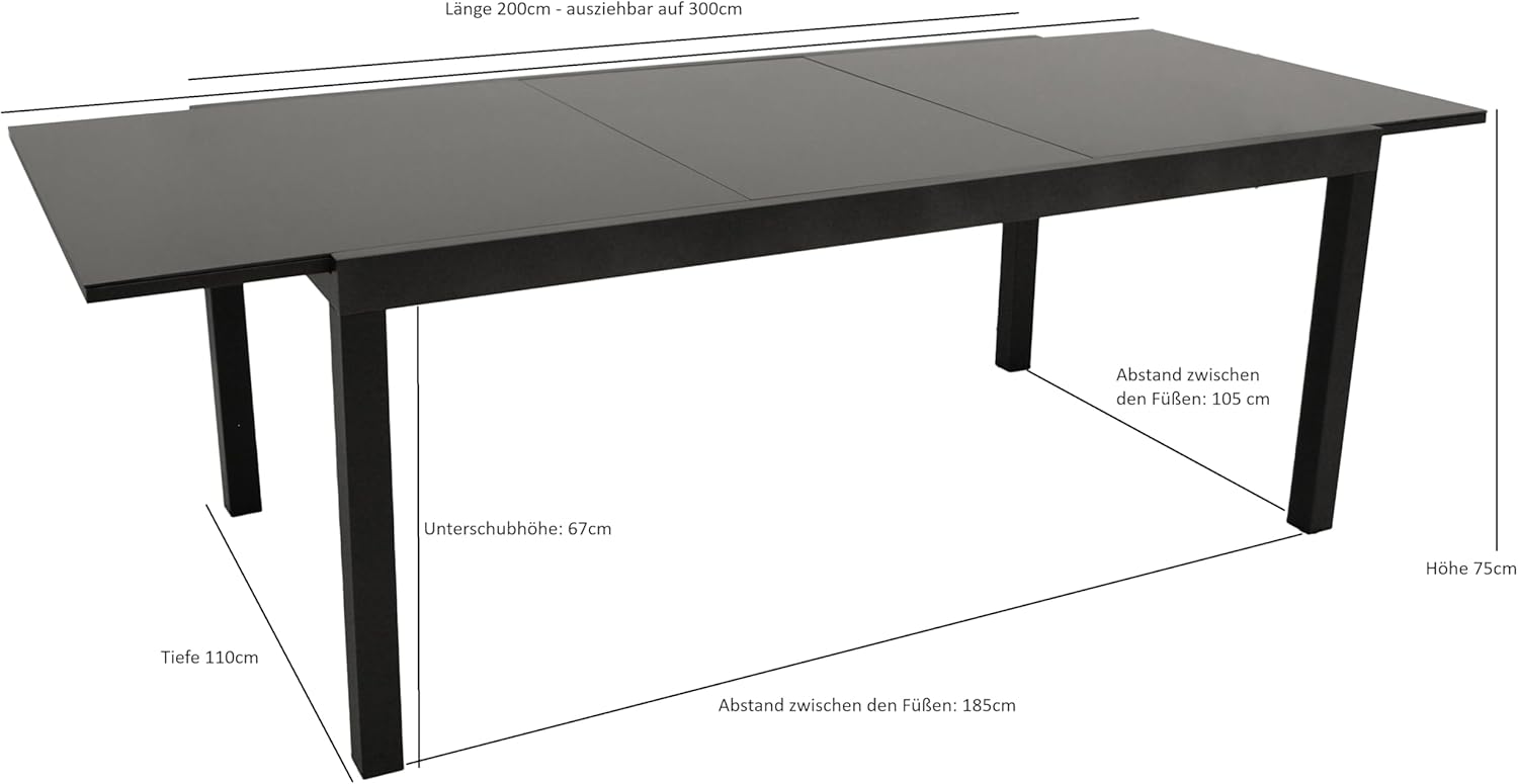 DEGAMO Gartentisch Ausziehtisch ELBA XXL, 200/300x110cm, Aluminium anthrazit + Glas schwarz, Outdoor