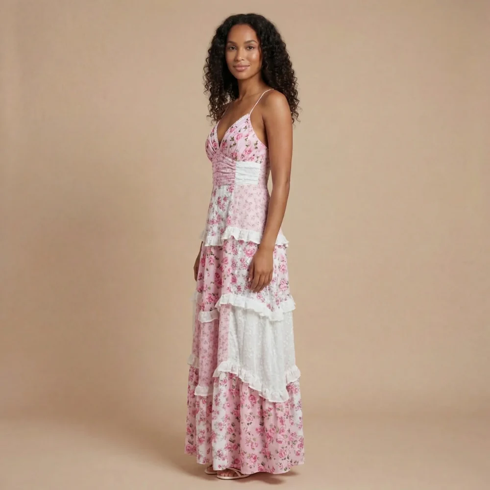 Damen Maxi-Kleid mit Blumenmuster und V-Ausschnitt f��r Hochzeitsg?ste