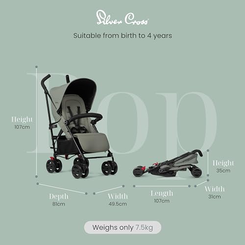Silver Cross   passeggino pieghevole da viaggio per passeggino   Buggy   Sedile piatto regolabile/sdraiato   Neonato fino a 4 anni   Salvia : Prima infanzia