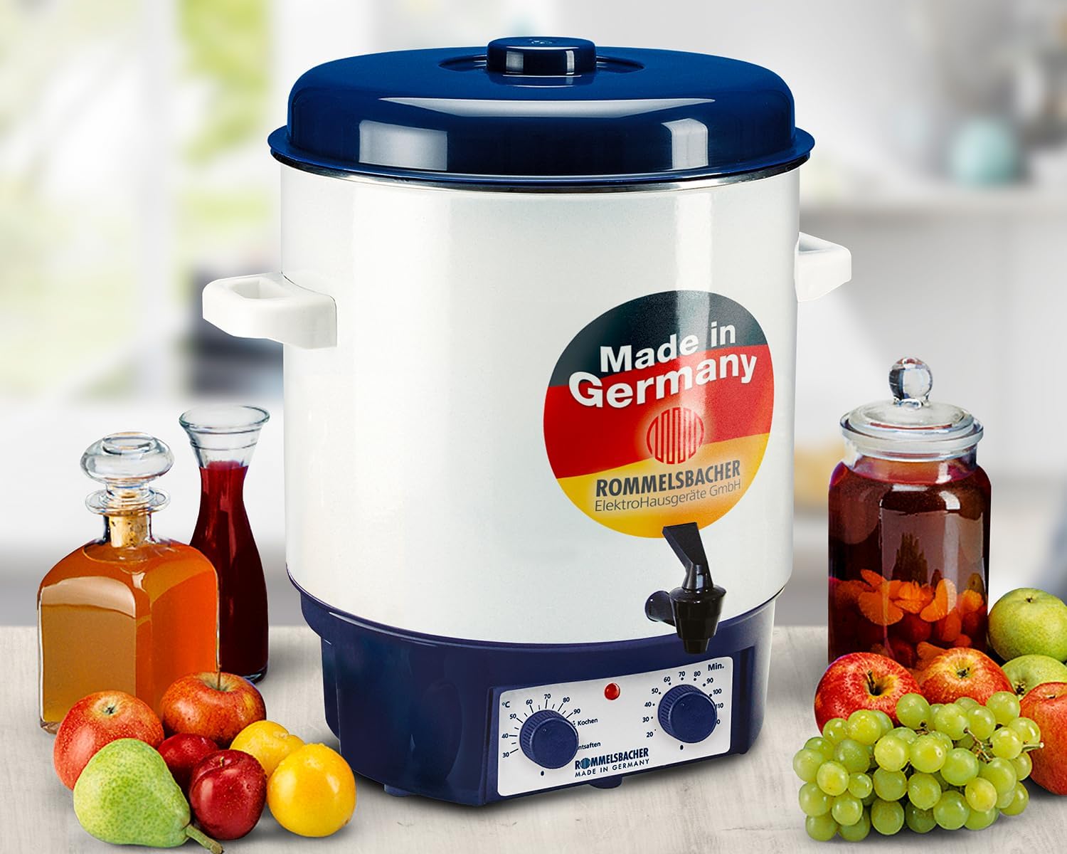 ROMMELSBACHER Glühwein-/Einkochvollautomat KA 1804, MADE IN GERMANY, 2-Schicht-Emaillierung, 27 Liter/für 14 Gläser à 1 Liter, stufenlos regelbar, Entsafterschaltung, Zeitschaltuhr, Ablaufhahn, 1800 W
