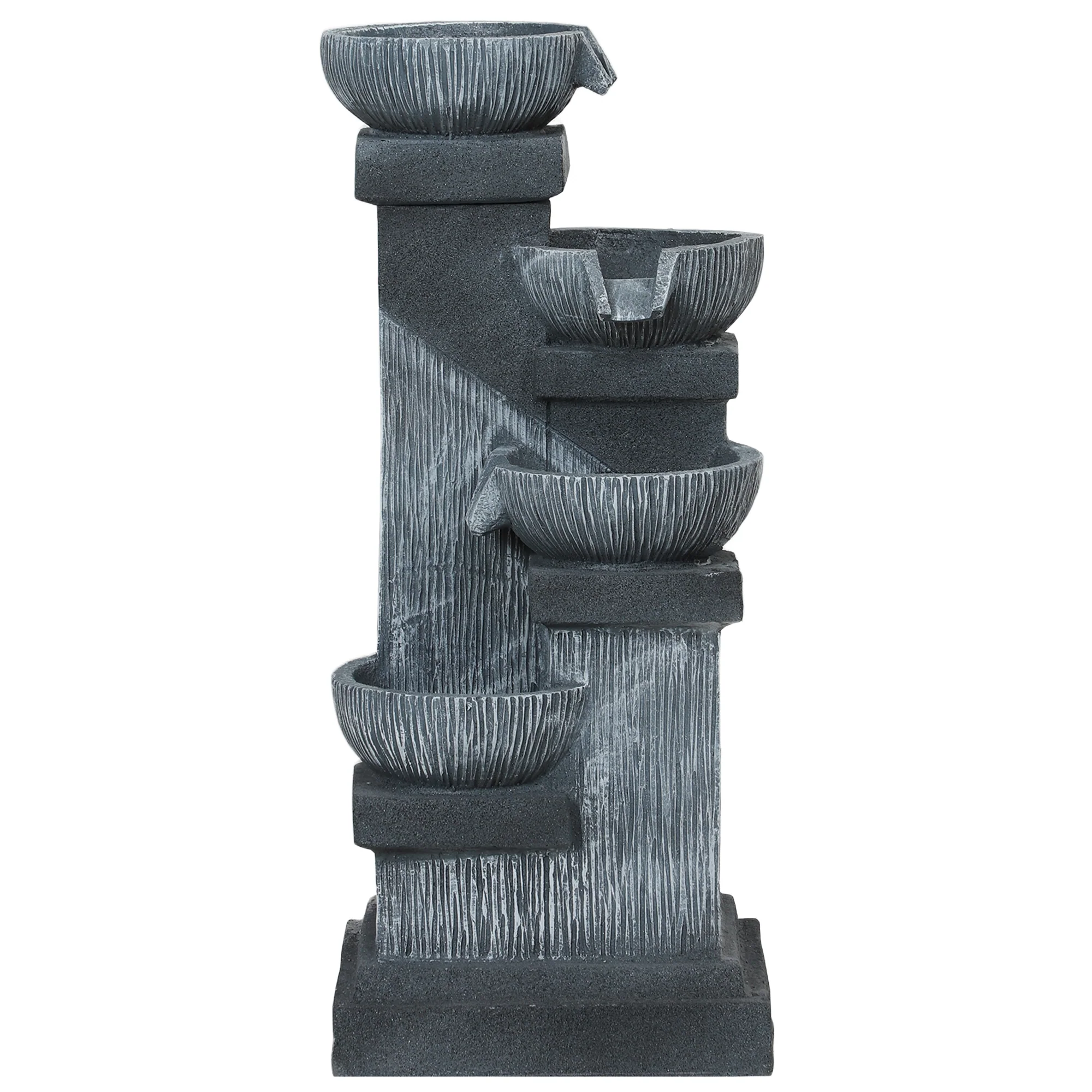 Outsunny 85 cm Outdoor Fontein, 4-Verdiepingen Sierfontein, Kunstmatige Waterval met LED-verlichting en Pomp, Grijs