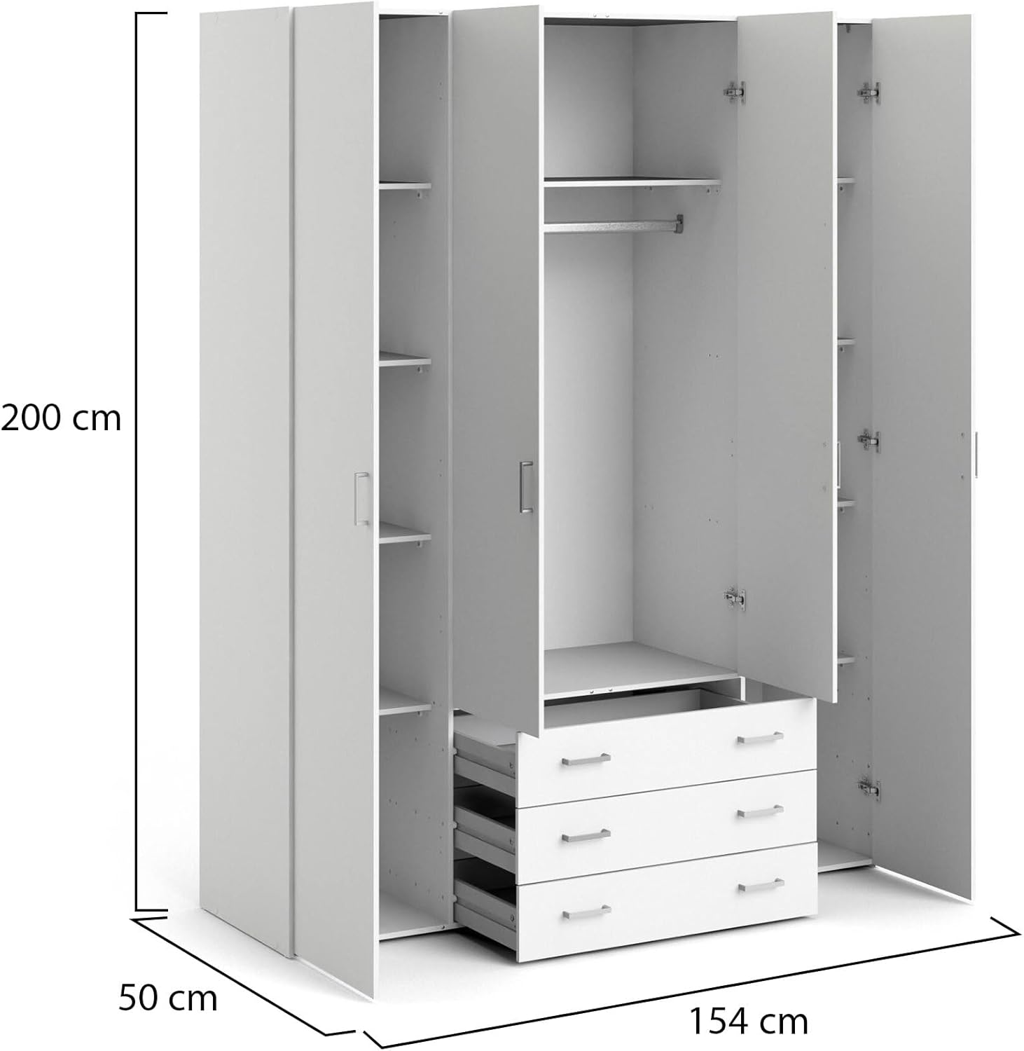 Dmora Grande Francine Kleiderschrank, Schlafzimmermöbel, begehbarer Kleiderschrank, 154x50 h200 cm, weiß