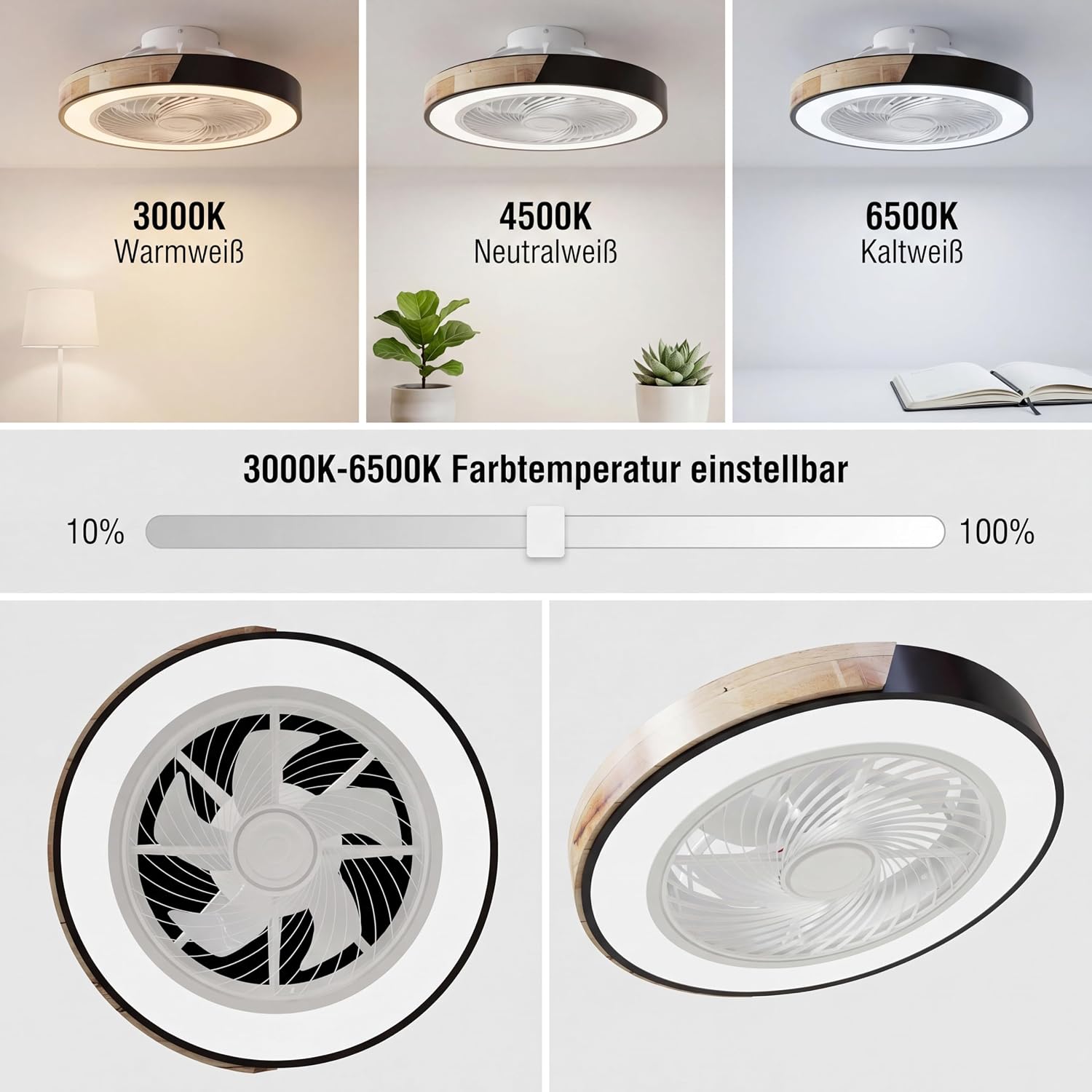 YuYe Deckenventilator Mit Beleuchtung, Ventilator Deckenleuchte, 3 Farbtemperatur und 6 Geschwindigkeiten LED- Deckenventilator mit Lampe Leise Dimmbar für Esszimmer Wohnzimmer Schlafzimme (A)