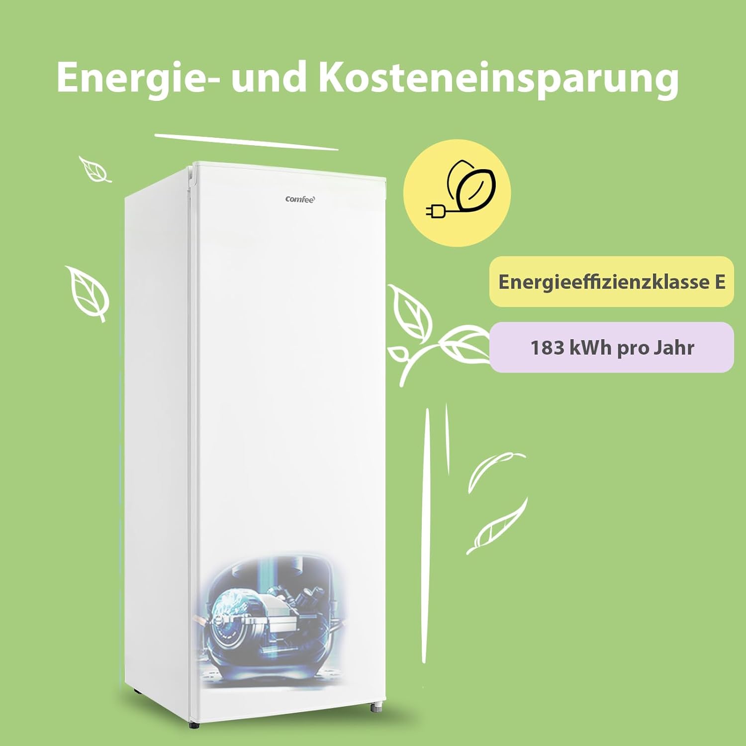 Comfee RCU160WH2(E) Gefrierschrank/142cm hoch/160L Gefrierteil/183 kWh/Jahr/Türanschlag wechselbar/Hochwertiger GMCC-Kompressor/Temperaturregelung/Verstellbare Standfüße/Weiß