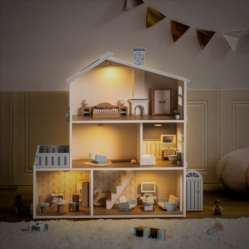 ROBUD Casa delle bambole in legno luci,3 piani, inclusi mobili e scale, giocattoli per bambini dai 3 anni in su : Amazon.it: Giochi e giocattoli