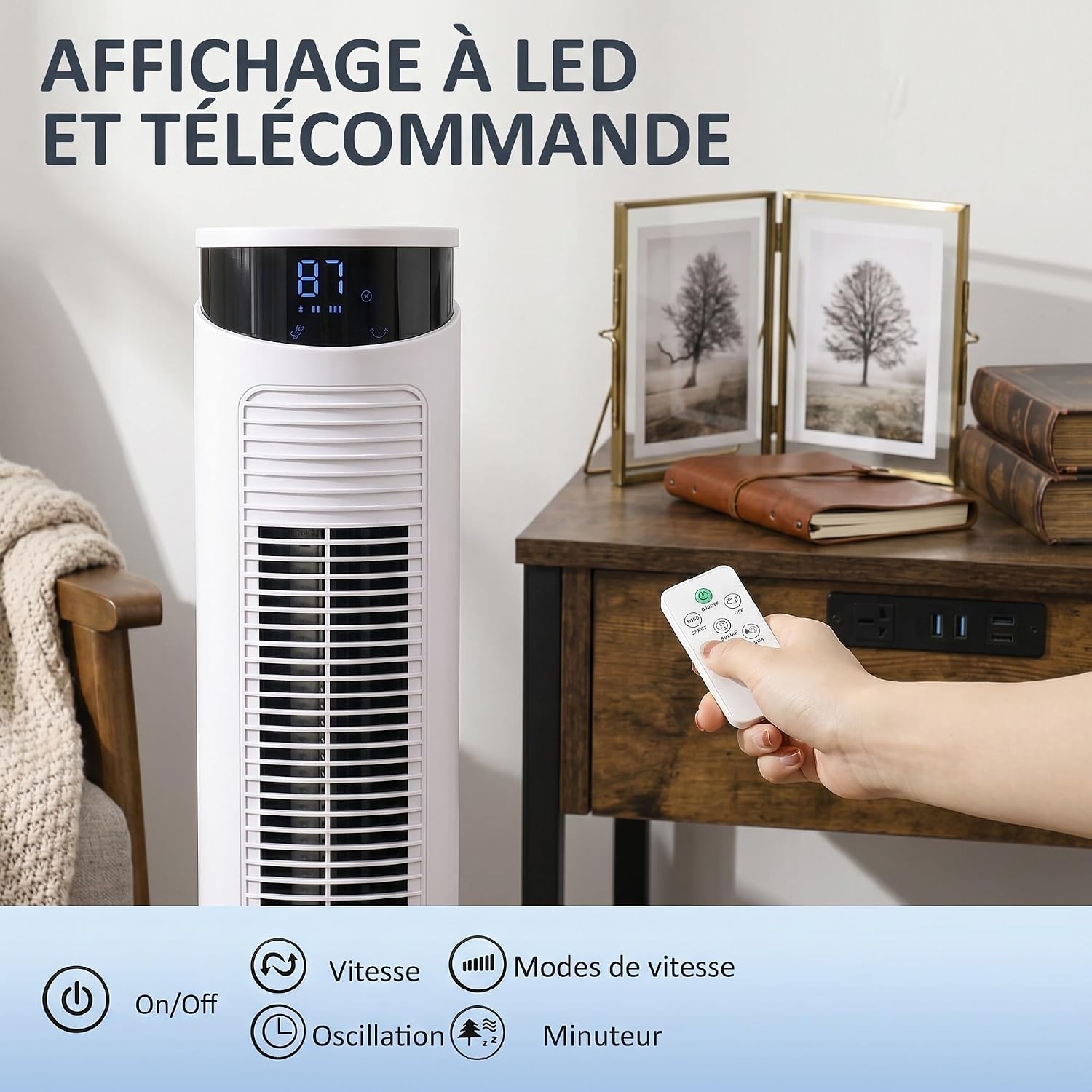 HOMCOM Ventilateur Colonne 45 W, Ventilateur Tour Chambre à Coucher avec Télécommande, Oscillation 70°, 3 Modes, 3 Vitesses, Minuterie 12H, Écran LED, Mode Veille, 93H cm, Blanc