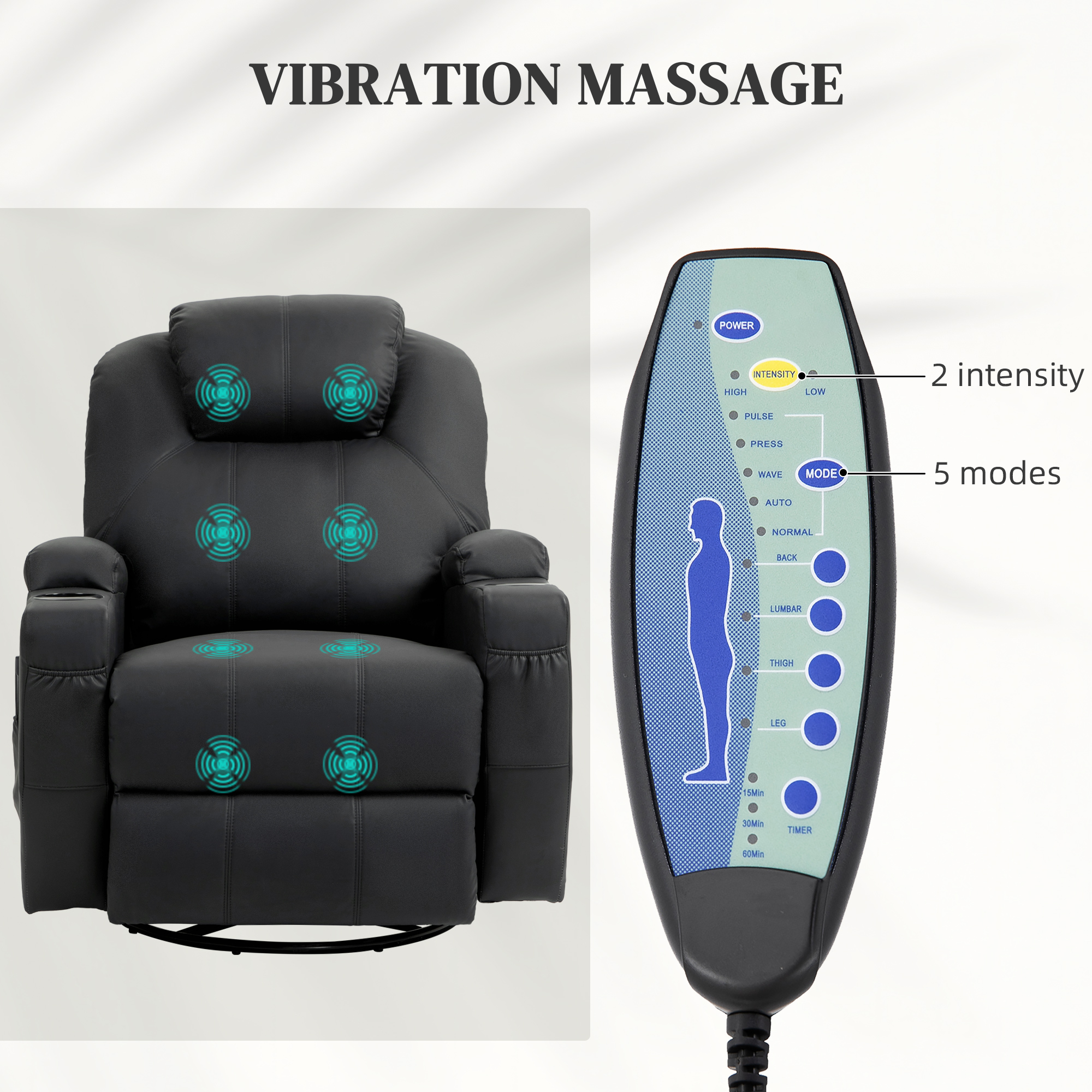 Relaxfauteuil met Massagefunctie, Kantelbare Leuning, Draaibaar, tot 150 kg, Kunstleer, Zwart