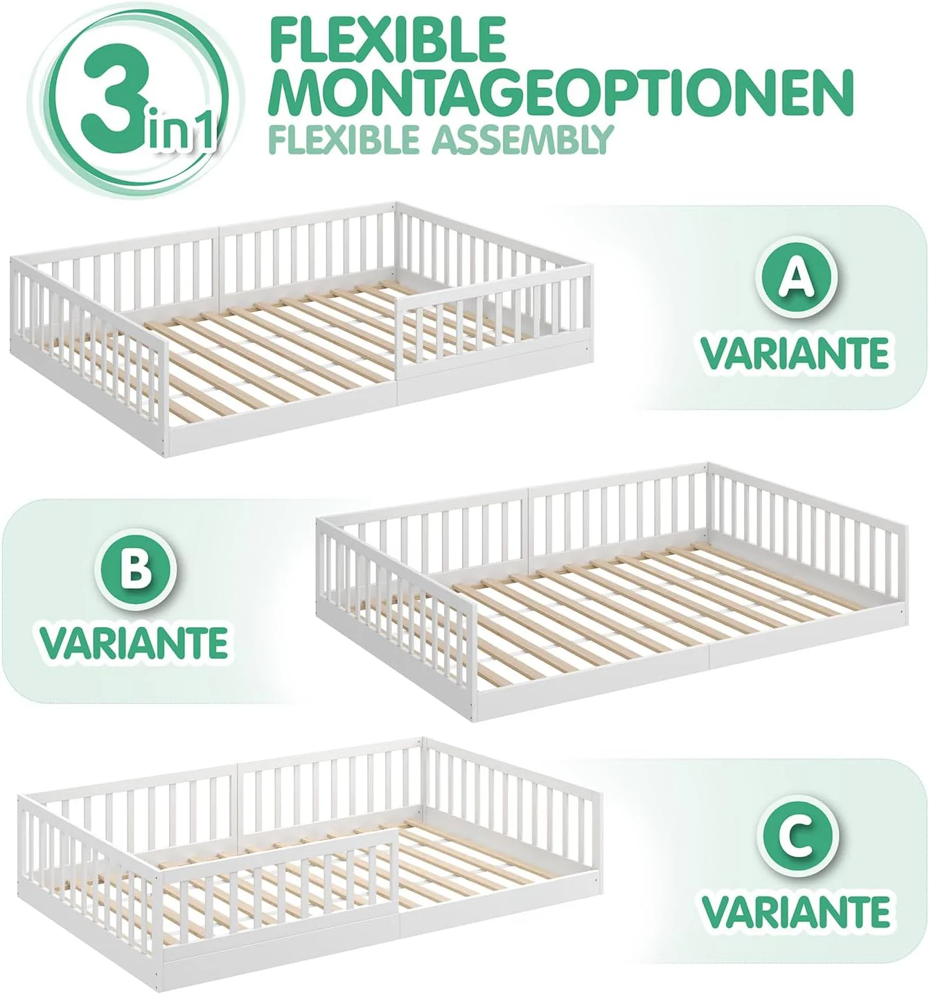CADANI Timi 2-in-1 Vloerbed 140x200 cm Montessori Kinderbed met uitneembare valbeveiliging incl. lattenbodem, massief grenenhout, wit - 3 opbouwmogelijkheden, belastbaar tot 200 kg, ombouwbaar