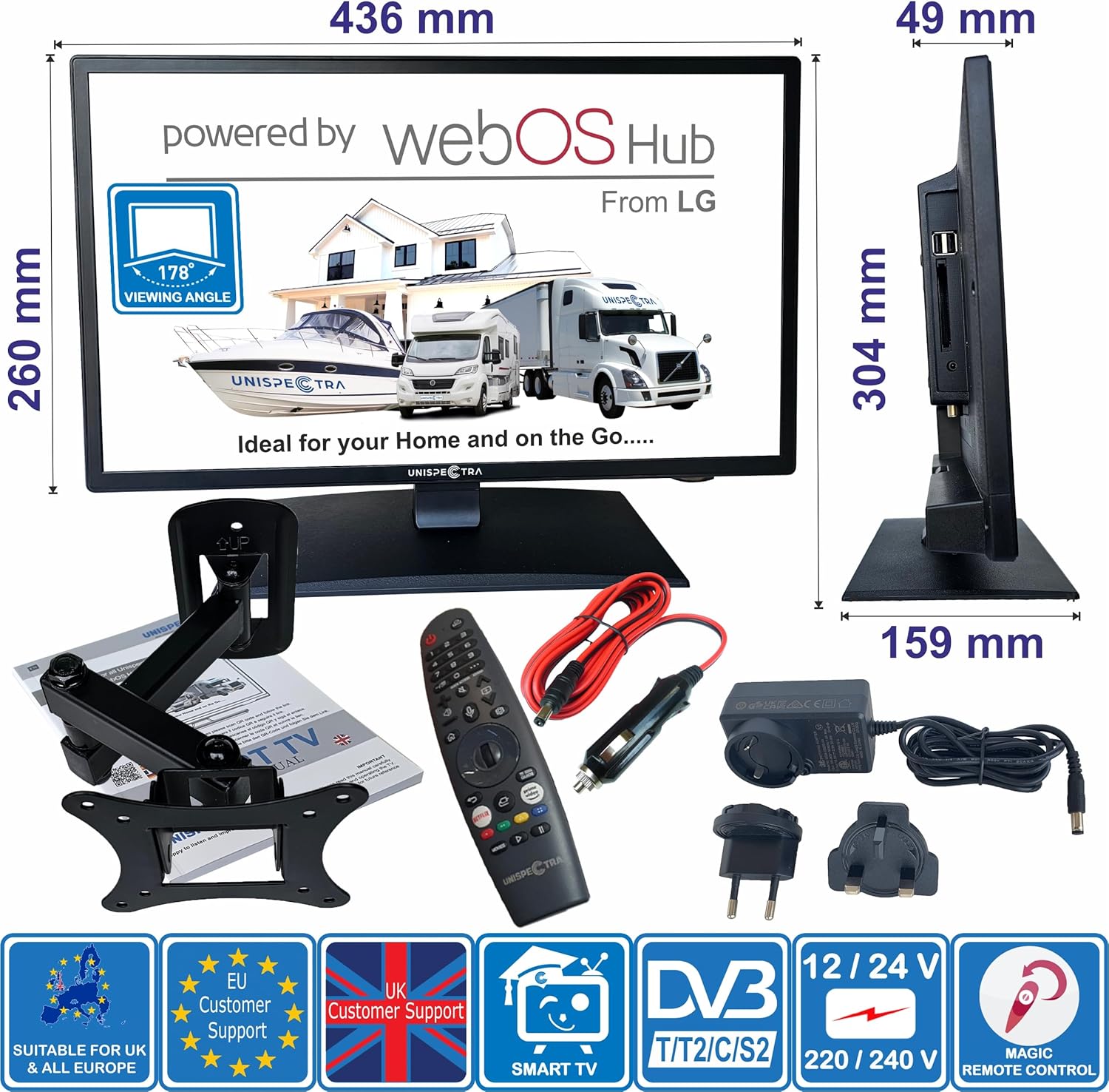 Unispectra ® 19 inch Smart TV (webOS) ELED + Magic Remote. 230 V 24 V. Triple Tuner TDT, Sat and Cable. 3 x HDMI. 12 V TVs for Motorhomes, Caravans TV, Trucks, Boats