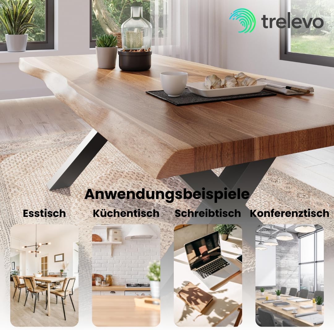 Esszimmertisch 200x100 cm, Akazienholz massiv, Tischplatte naturfarben, echte Baumkante, X-Gestell schwarz, Baumkantentisch