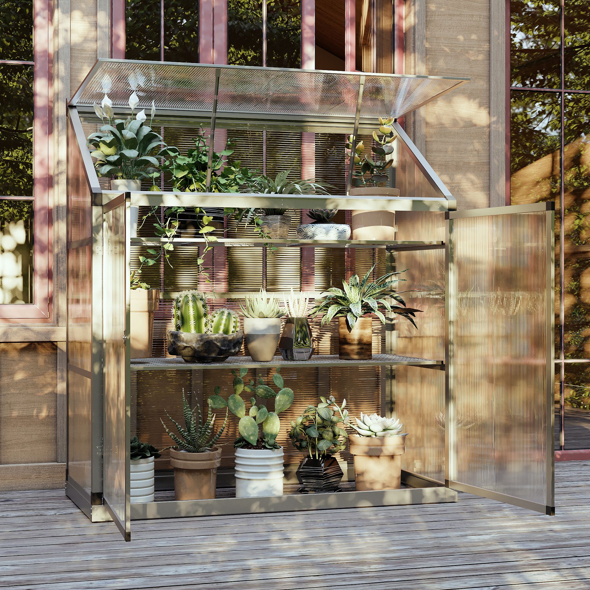 Outsunny serre met funderingsframe, behuizing van polycarbonaat, 2 planken, aluminium frame, 131 x 58 x 139,5 cm