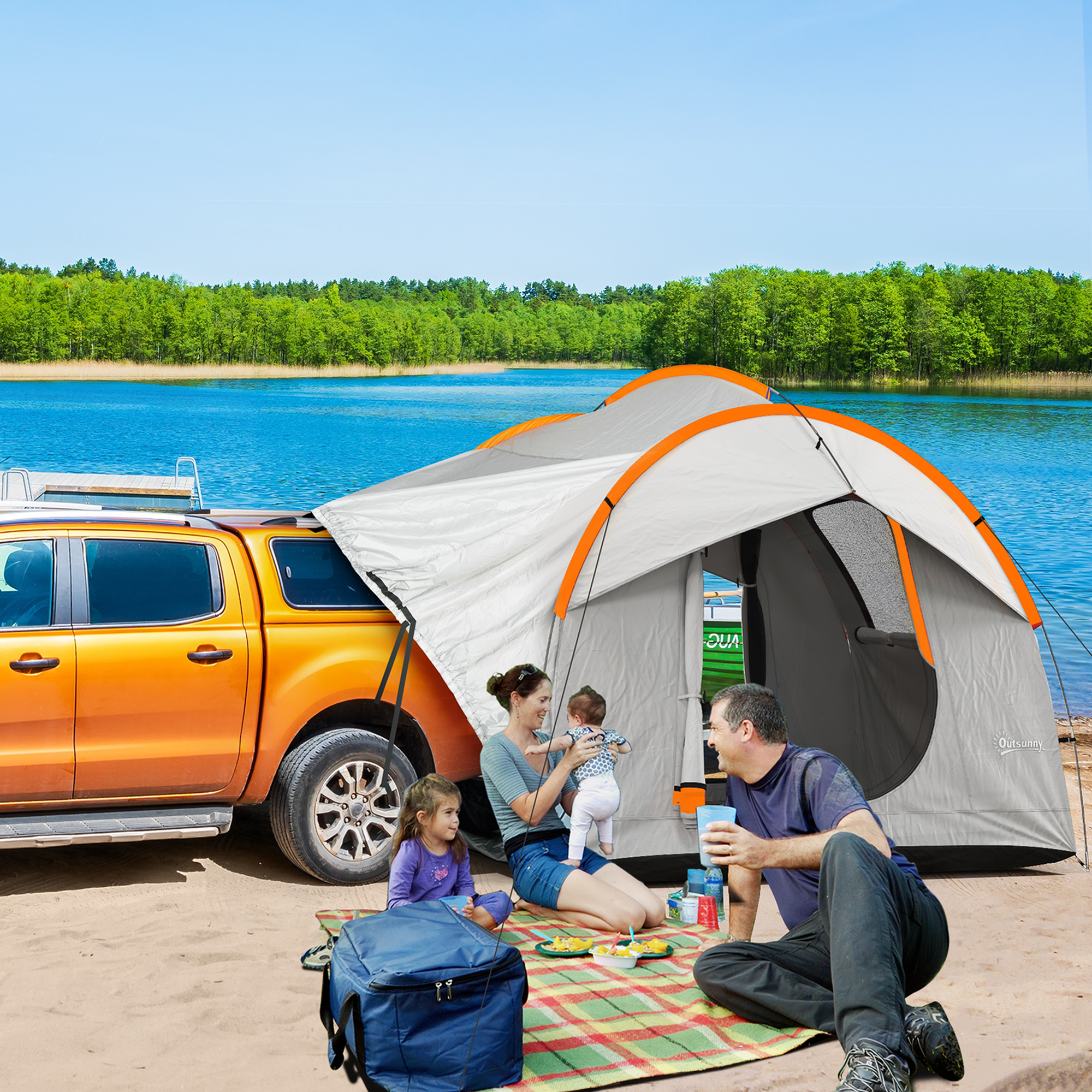 Auto-zeil Kampeertent, 3 deuren, weerbestendig, 239cm x 210cm x 210cm, Oranje + Blauw