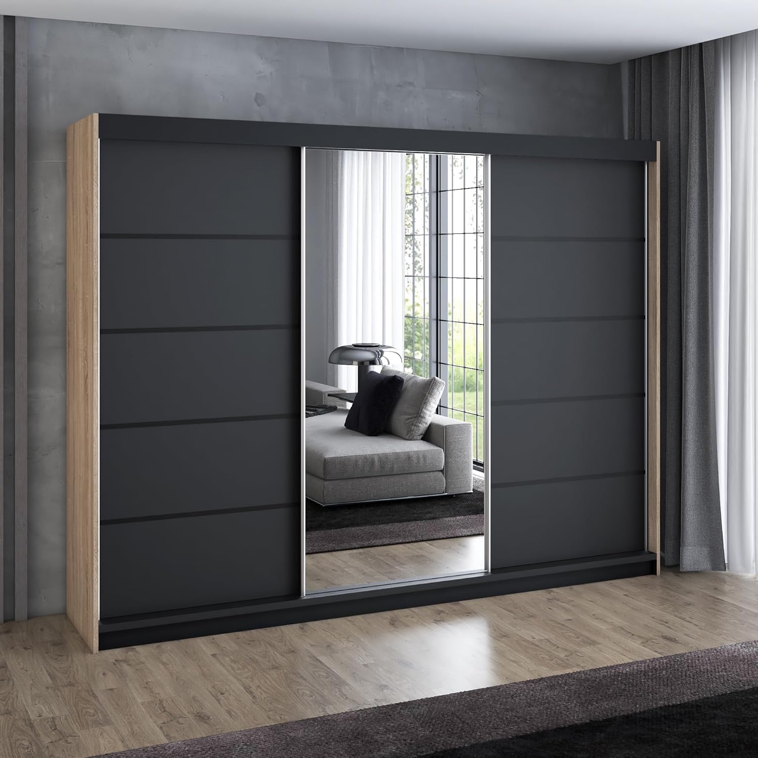 A&J MöbelLand Schwebetürenschrank VILUNO 4 Kleiderschrank 3-türig 200 cm mit Spiegel, 4 Schubladen & 2 Kleiderstangen, Geräumiger Schlafzimmerschrank (Sonoma/schwarz)