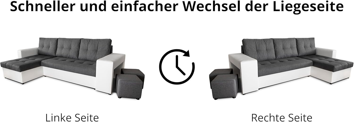 NAWSTOL - Sofa narożna Leon z funkcją spania i skrzynią na pościel – nowoczesna sofa do salonu – możliwość montażu z lewej lub prawej strony (szara + biała sztuczna skóra)