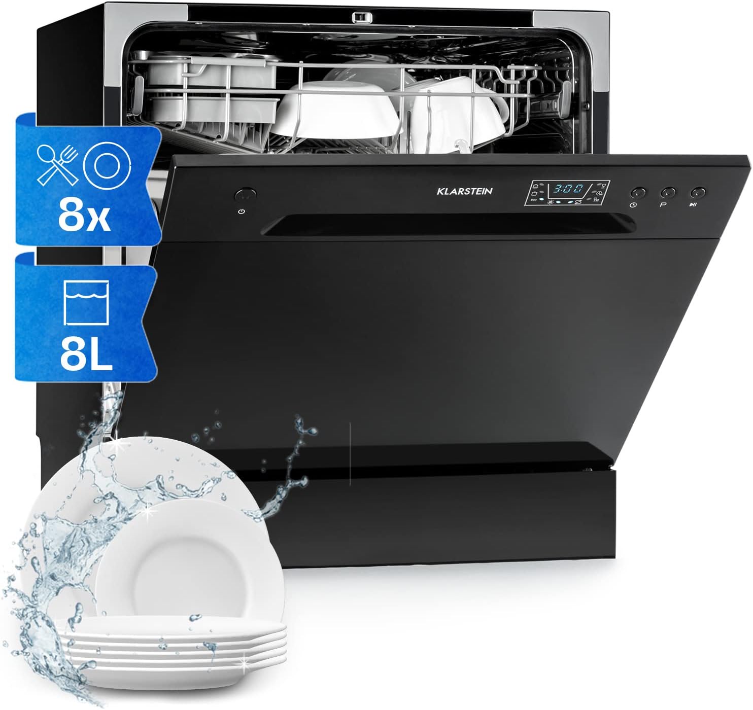 Klarstein  ia 8 - Spülmaschine, Geschirrspüler, Freistehend, Teilintegriert, F, 55 cm breit, 8 Maßgedecke, 6 Programme, Aquastop, silber