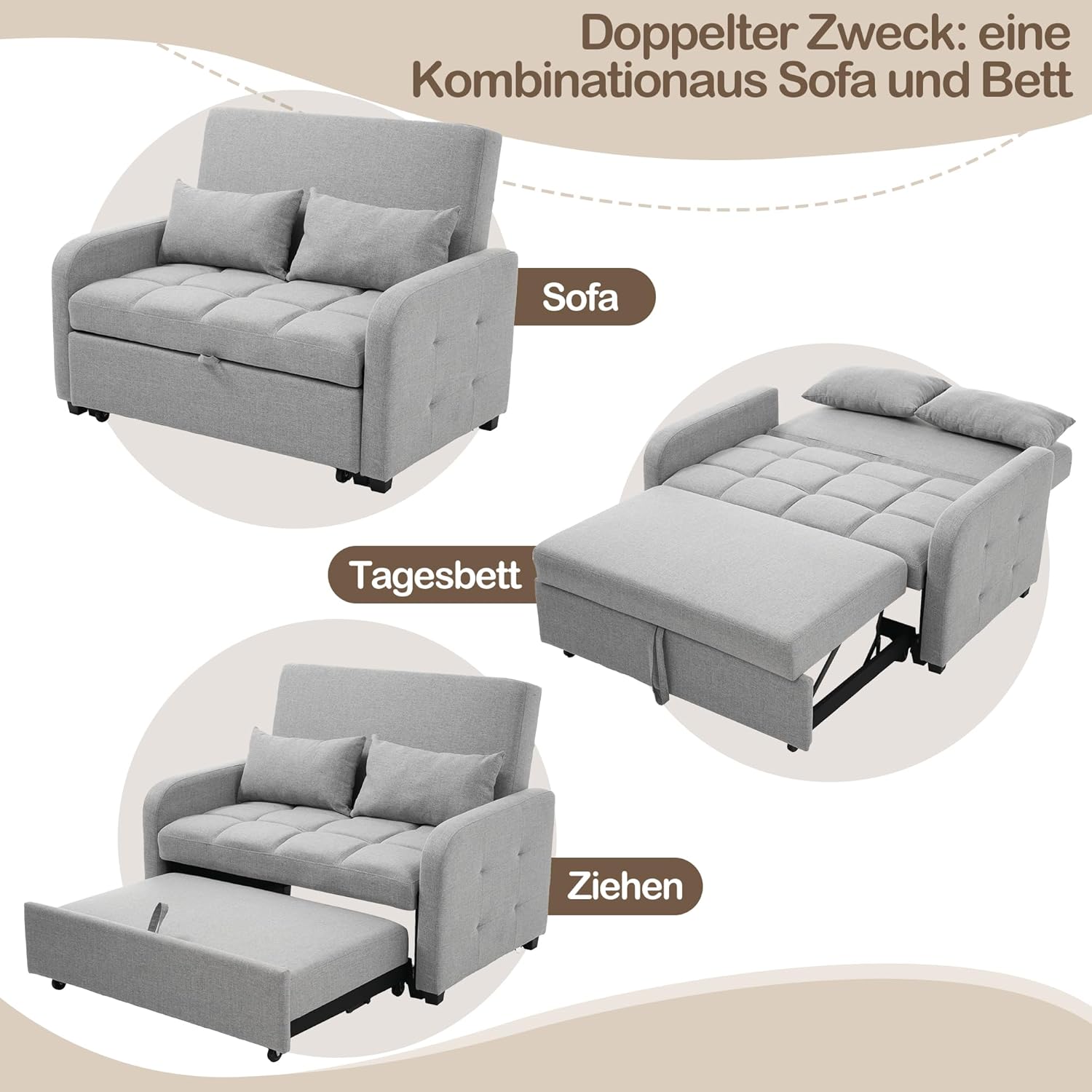 Zweisitzer Sofa mit Schlaffunktion, Verstellbares Rückenteil Sofa, klappsofa mit schlaffunktion, Komfort SofaBett für kleine Wohnungen Studentenwohnheime, 127x75 cm, Dunkelgrau