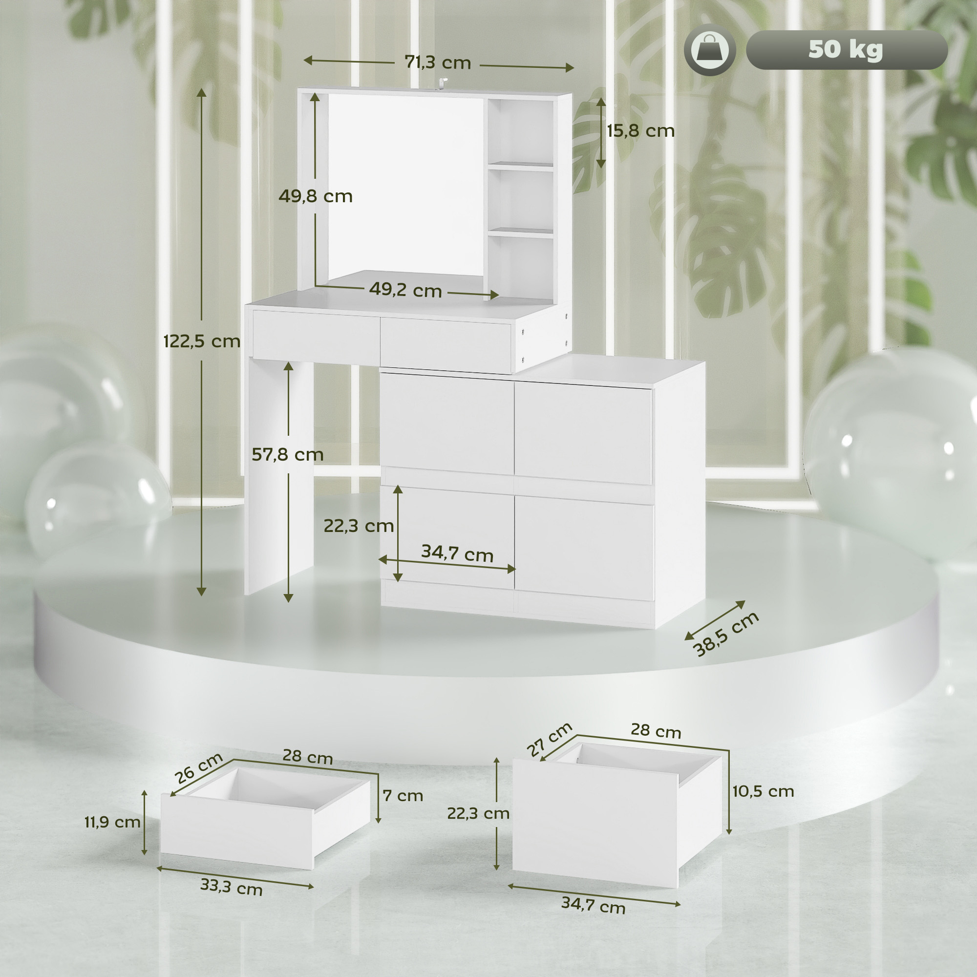 Kaptafel, Makeup-Tafel met Grote Spiegel, 4 Laden, 3 Open Vakken, 2 Kasten, MDF, Wit