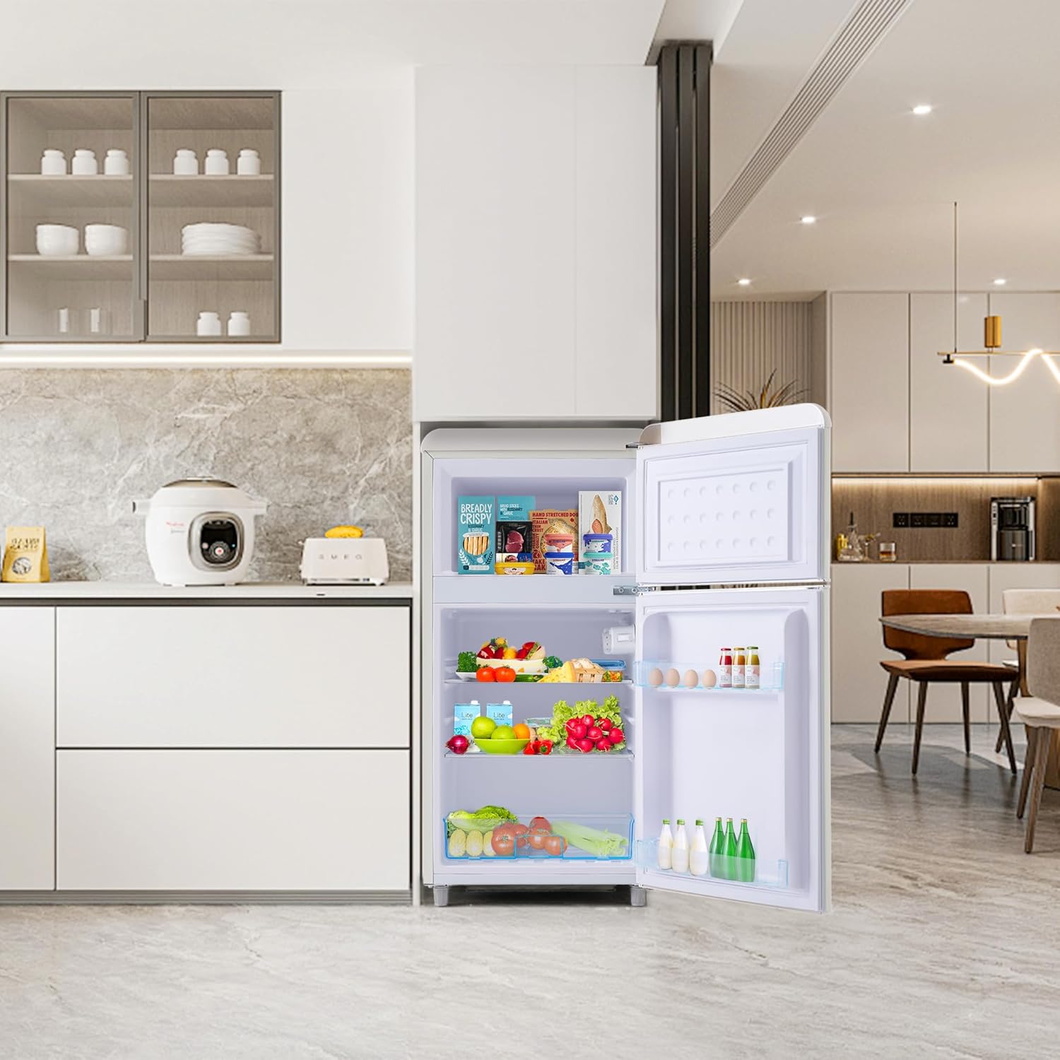 Merax Retro Kühlschrank, Doppeltür, 72L Gesamtvolumen, 21L Gefrierfach, Energieklasse E, 120 kWh/Jahr, LED-Beleuchtung, 3 verstellbare Einlegeböden Weiß