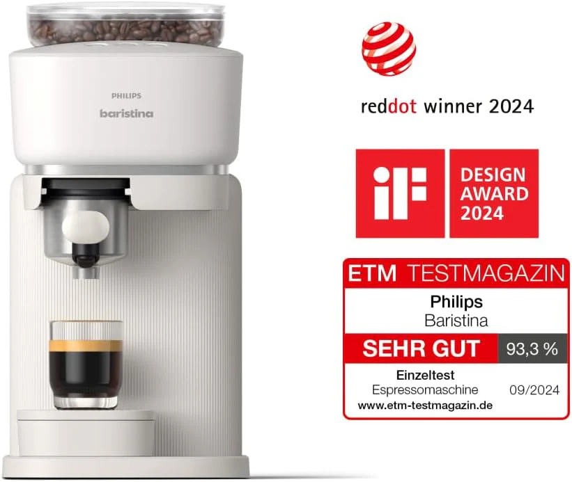 Philips Baristina Espressomaschine - Real Espresso- made simple. Kompakte Kaffeemaschine- Naturwei? mit wei?em Siebtr?ger- 16-bar-Pumpendruck- automatisches Mahlwerk- Cafe Crema (BAR300/00)