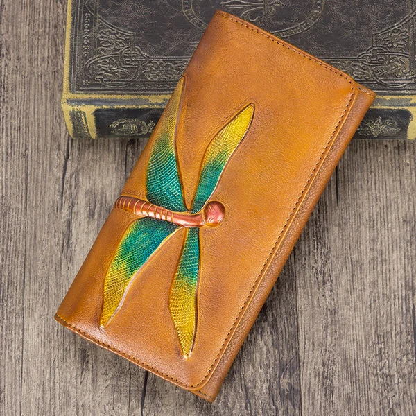 Personalized Wallet Womens Leather Wallet Purse Drangonfly Embossed Clutch Wallets for Women