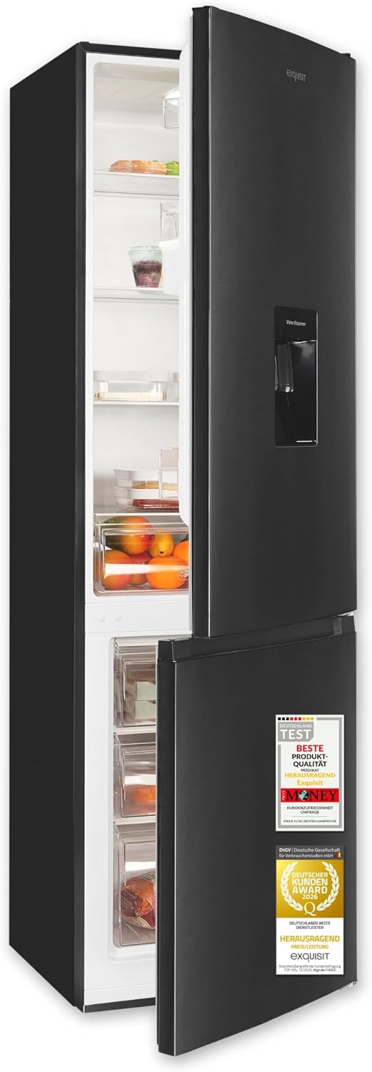 Exquisit Kühl-Gefrierkombination | 260 l Nutzinhalt, Energieklasse D, 40 dB(A) | Wasserspender mit Tank, elektronische Temperaturregelung, LED-Beleuchtung | KGC5265-70-WS-040D inoxlook-az