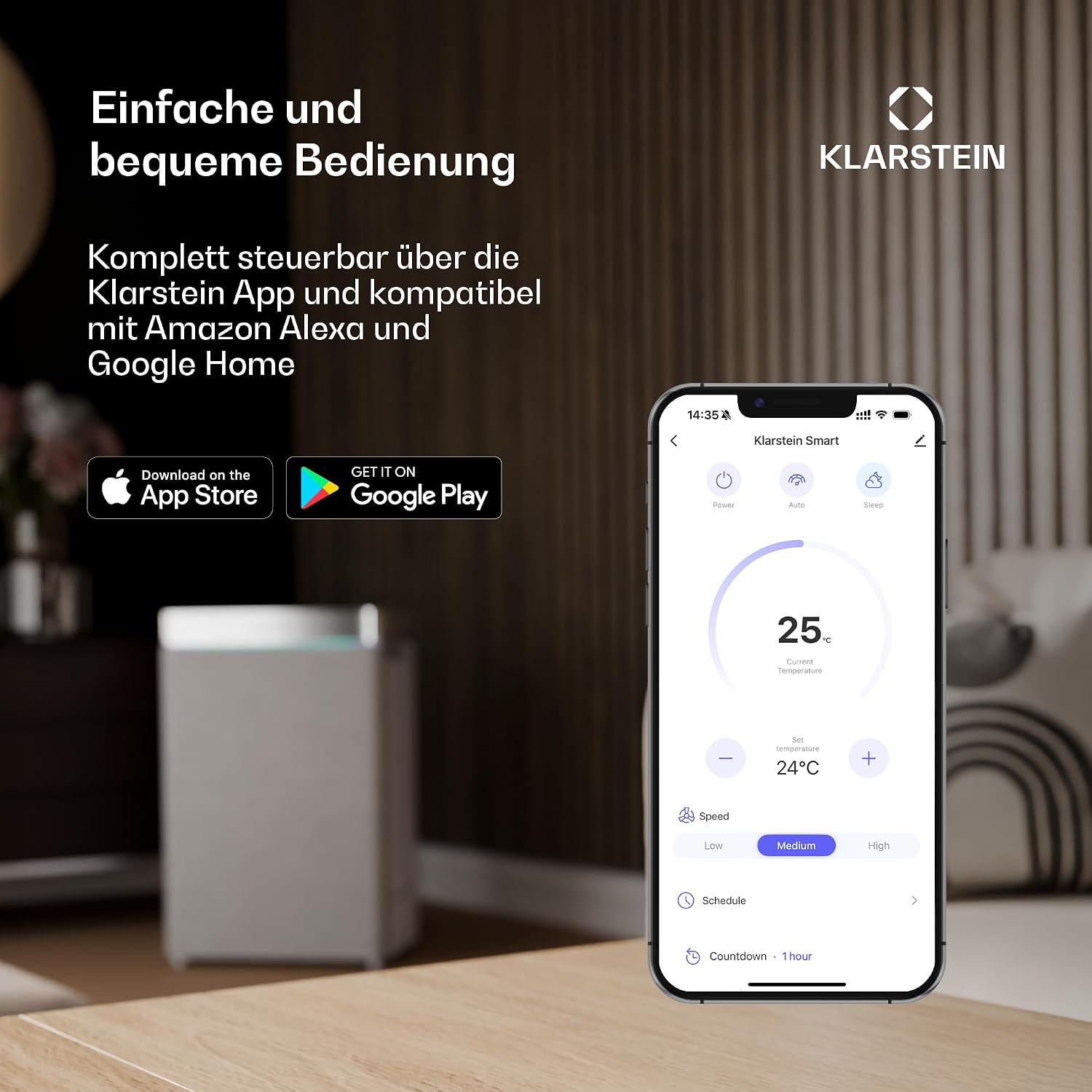 Klarstein Aero Ring Mobiles Klimagerät – 7000 BTU, 3-in-1: Kühlen, Entfeuchten & Ventilator, Smart App & Sprachsteuerung, Für Räume bis 25 m², Energieeffizienz A, R290, Leichtgängige Rollen, Weiß