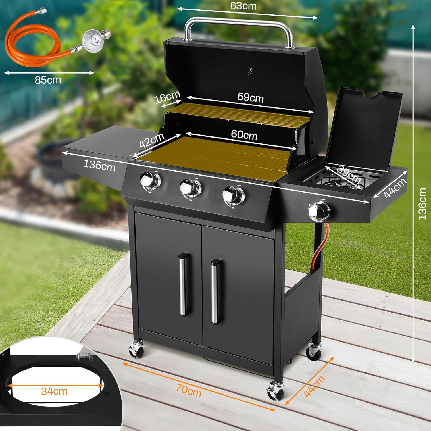 LIFERUN Gasgrill 3+1 Edelstahl Brenner,13,5 kw Gas Grillwagen BBQ mit Seitenkochfeld,Gasgriller mit Thermometer,4 PCS Bremse Rollen,DE I3B/P(50) Gasdruckregler,Grillküche Camping Garten(Butan/Propan)
