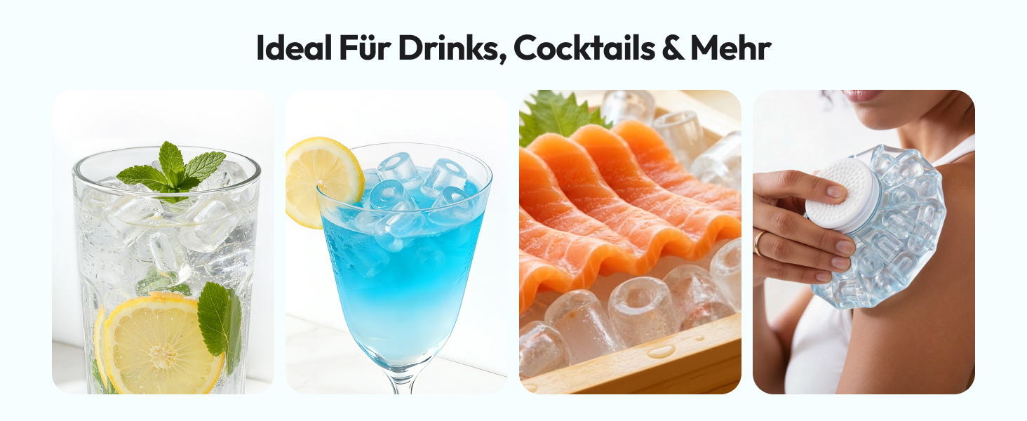 Der Text lautet „Ideal Für Drinks, Cocktails &amp; Mehr“. Kompositbild, das vier Bilder der Getränkezubereitung zeigt: mit Minze garniertes Getränk mit Limette, blauer Cocktail, Lachs in Scheiben und Hand, eisgefülltes Glas.