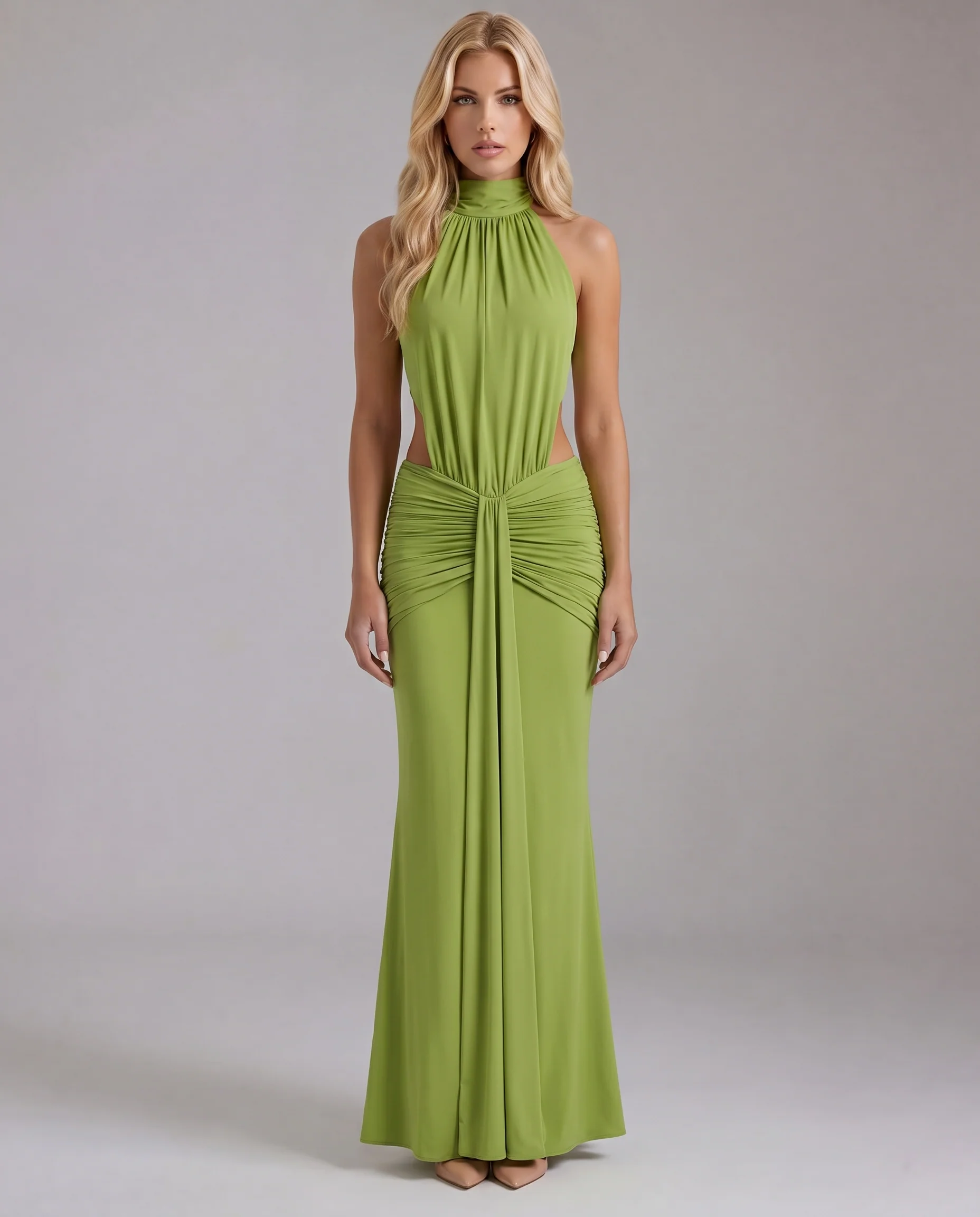 Damen Maxikleid mit Halterneck-Ausschnitt und Cut-outs �C ?rmelloses langes Kleid mit geraffter Taille f��r besondere Anl?sse